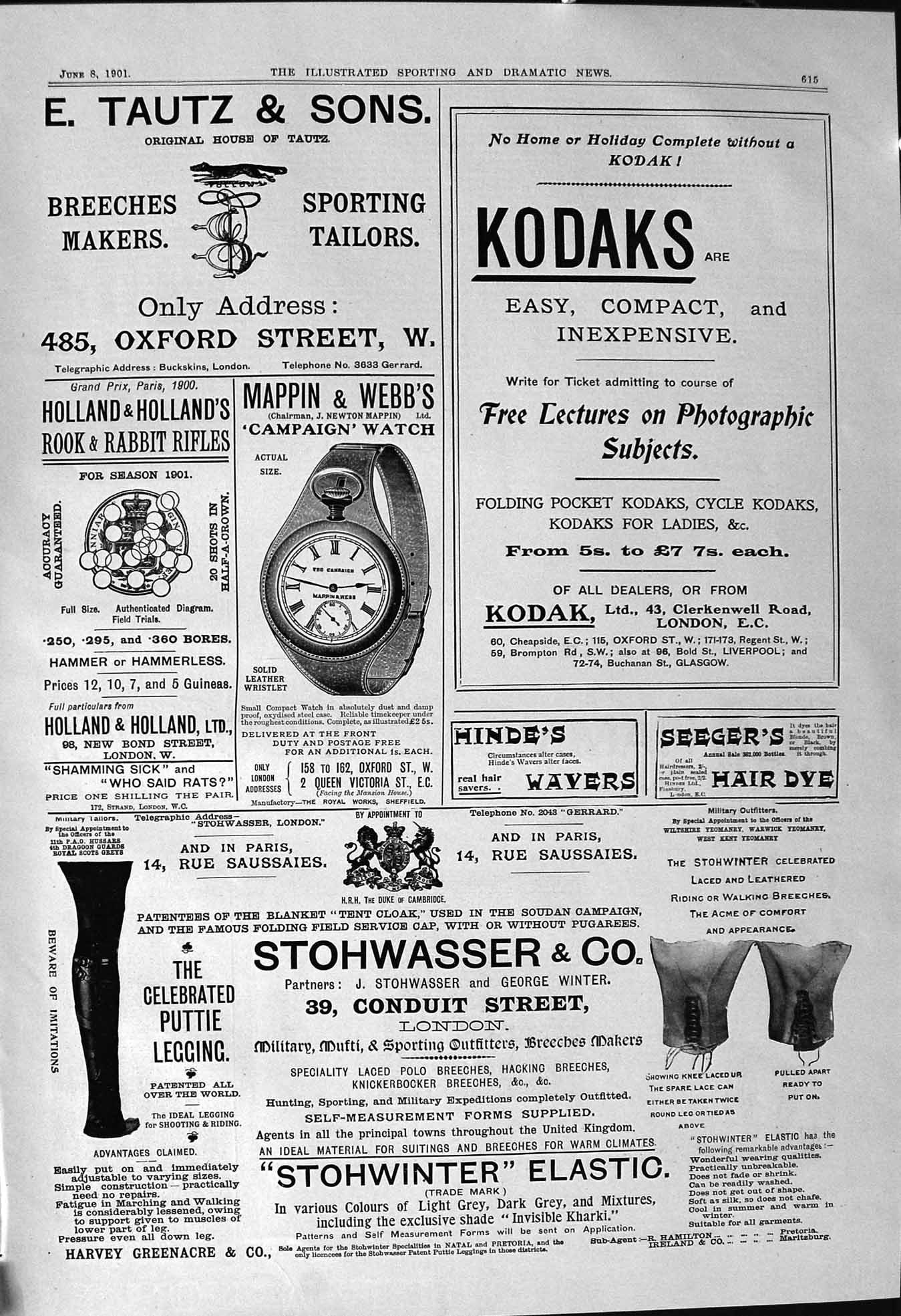 Antique Old Print 1901 Kodak Tautz Stohwasser Ogden Cigarettes Florida Water