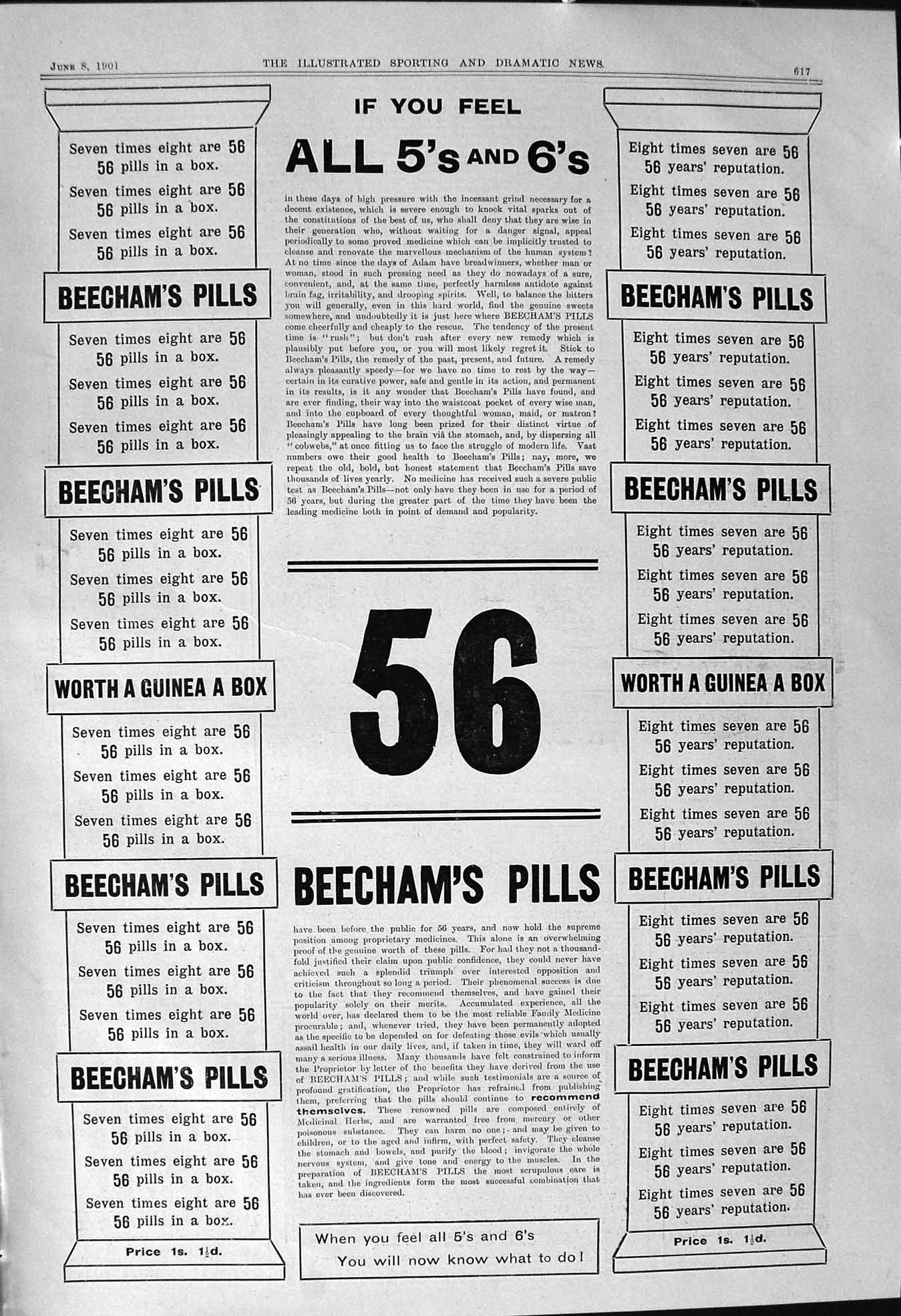 Original Old Antique Print 1901 Advertisement Beechams Pills 56 Medicine 20th