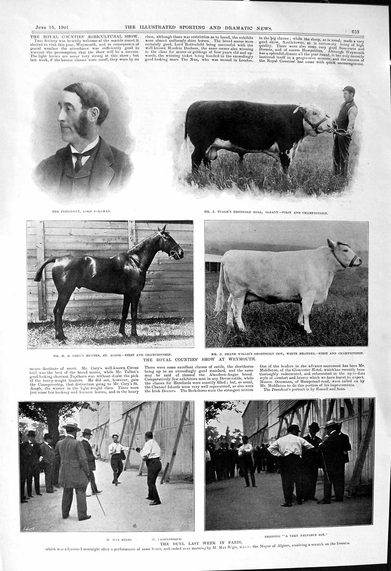 Old 1901 Agricultural Portman Tudge Bull Cory Horse Paris Duel Regis Victorian