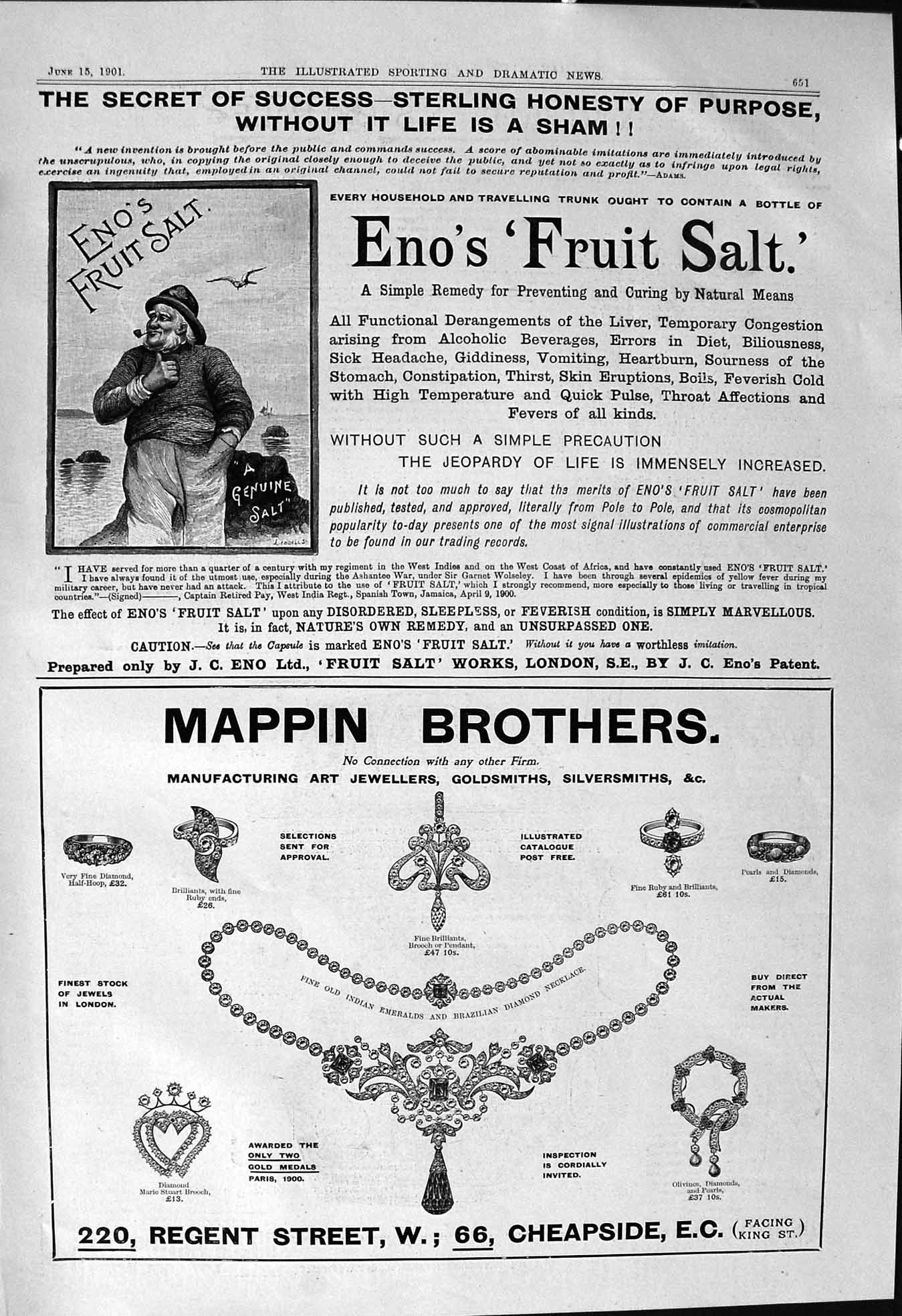 Old 1901 Eno'S Fruit Salt Mappin Brothers Jewellers Cheapside London Victorian