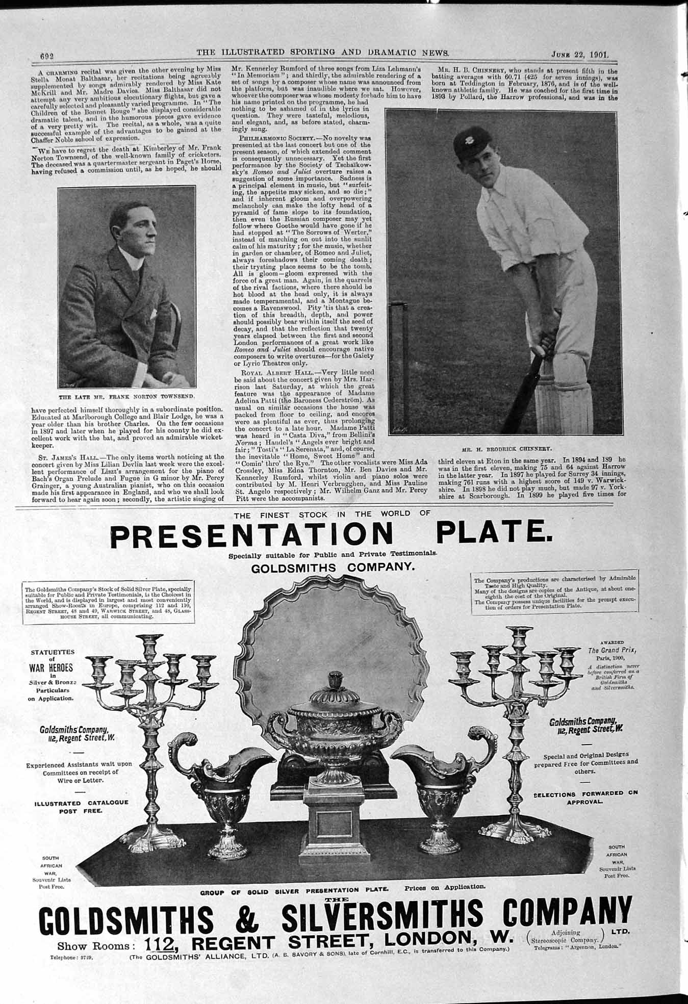 Antique Old Print 1901 Cricket Brodrick Chinnery Frank Townsend Birds Custard