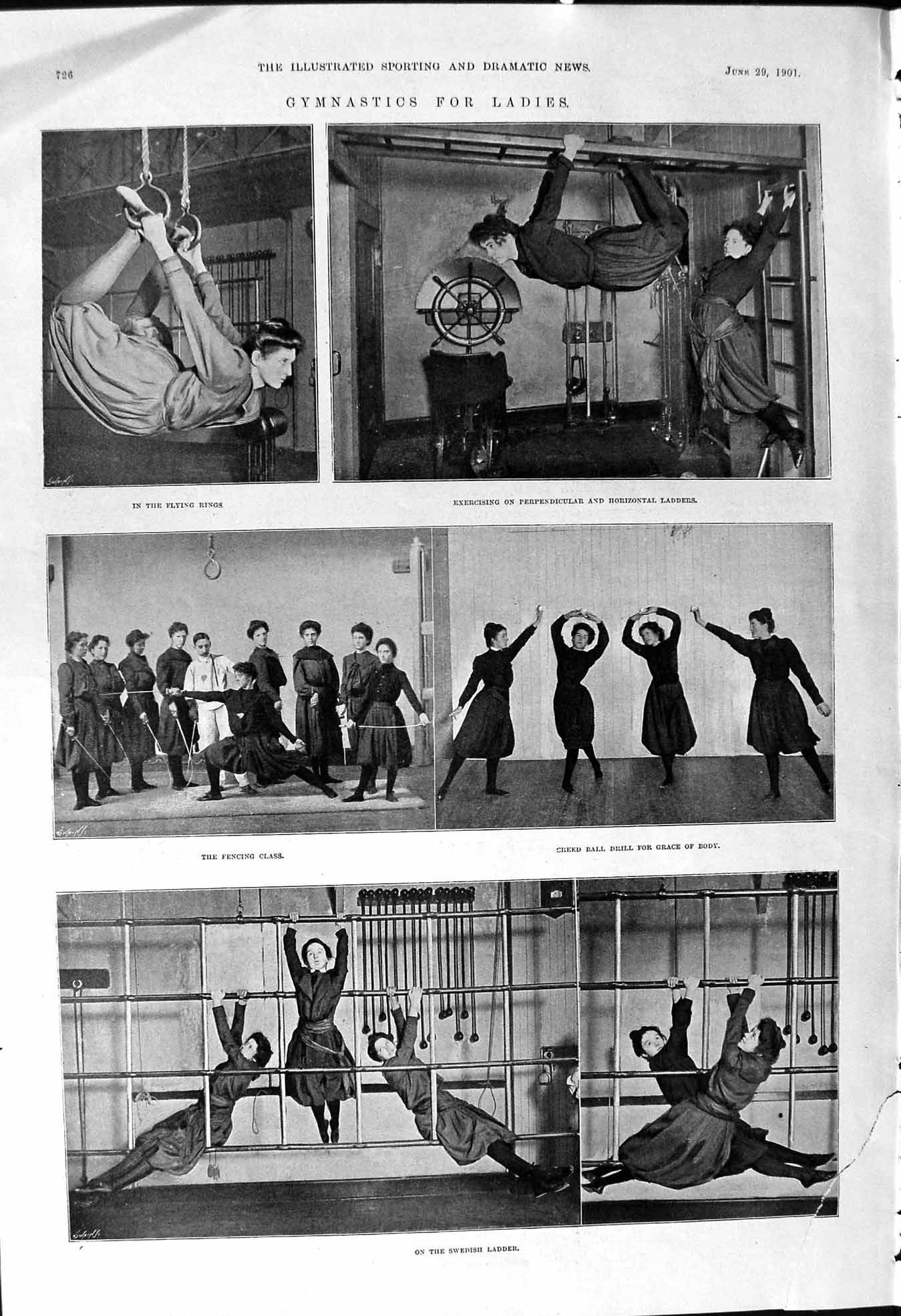 Old 1901 Ladies Gynastics Flying Rings Ladders Fencing Ascot Horses N Victorian
