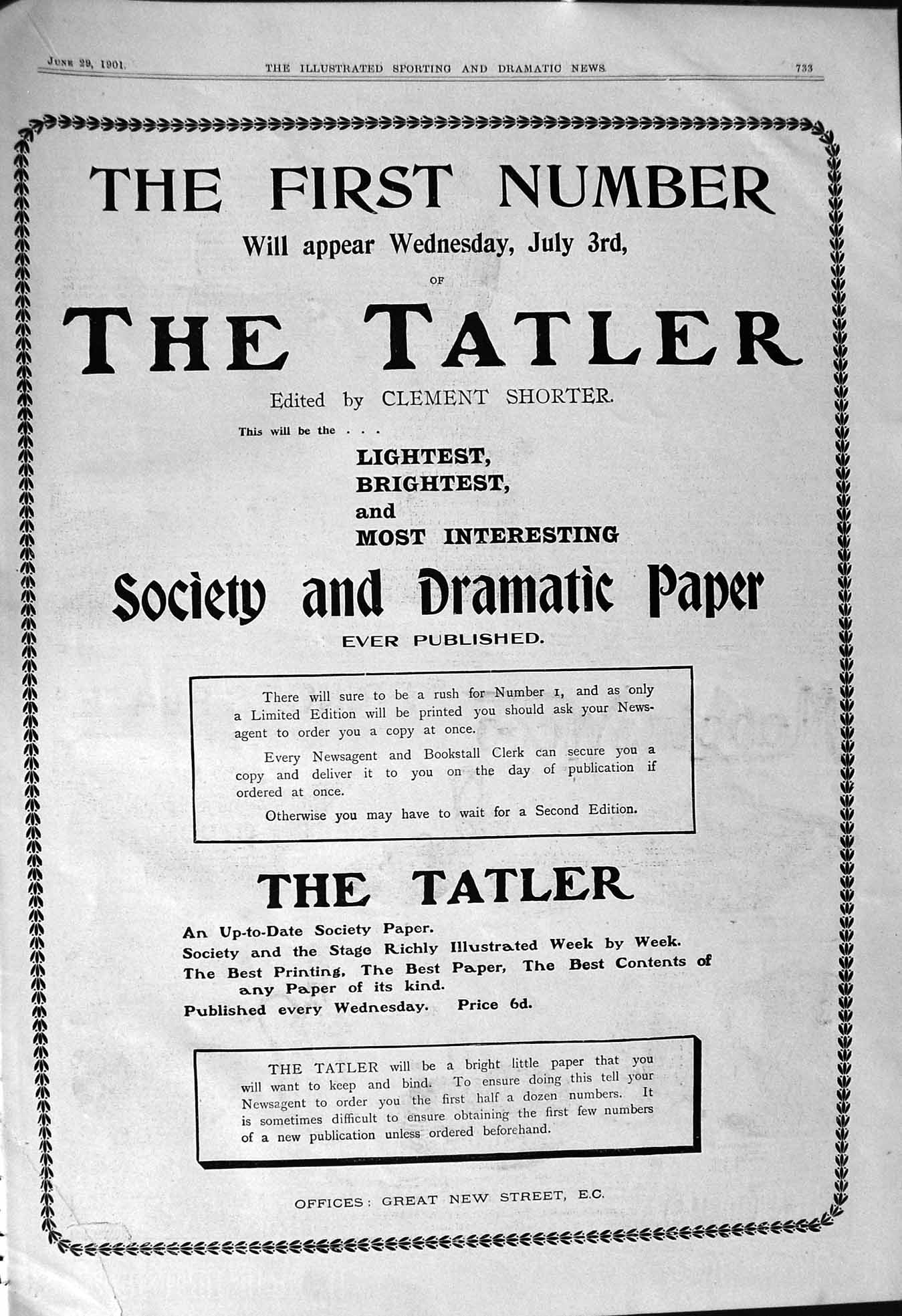Antique Print 1901 Tatler Society Dramatic Paper Clement Shorter New Street