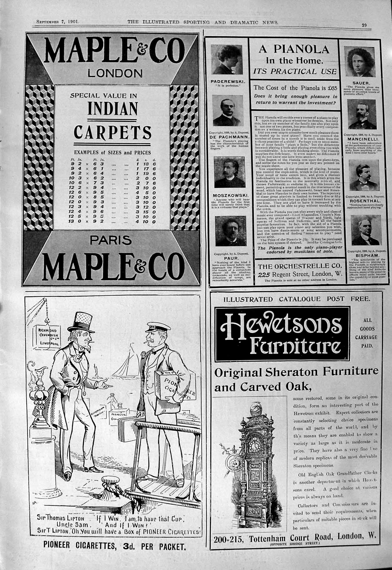 Old Print 1901 Maple Indian Carpets Pianola Hewetsons Pioneer Cigarettes 20th