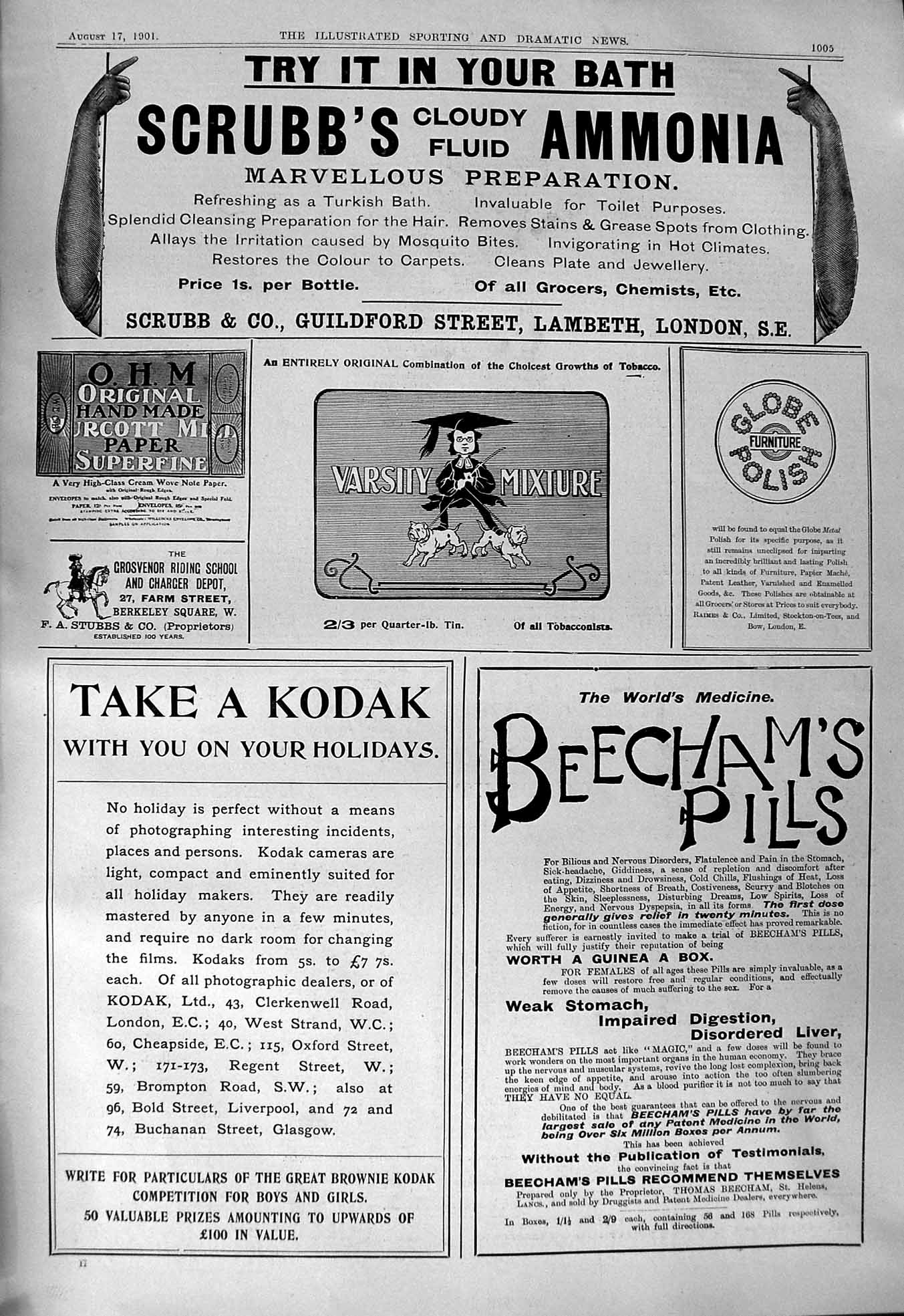 Old 1901 Advertisement Beechams Pills Scrubb'S Ammonia Kodak Photogra 20th