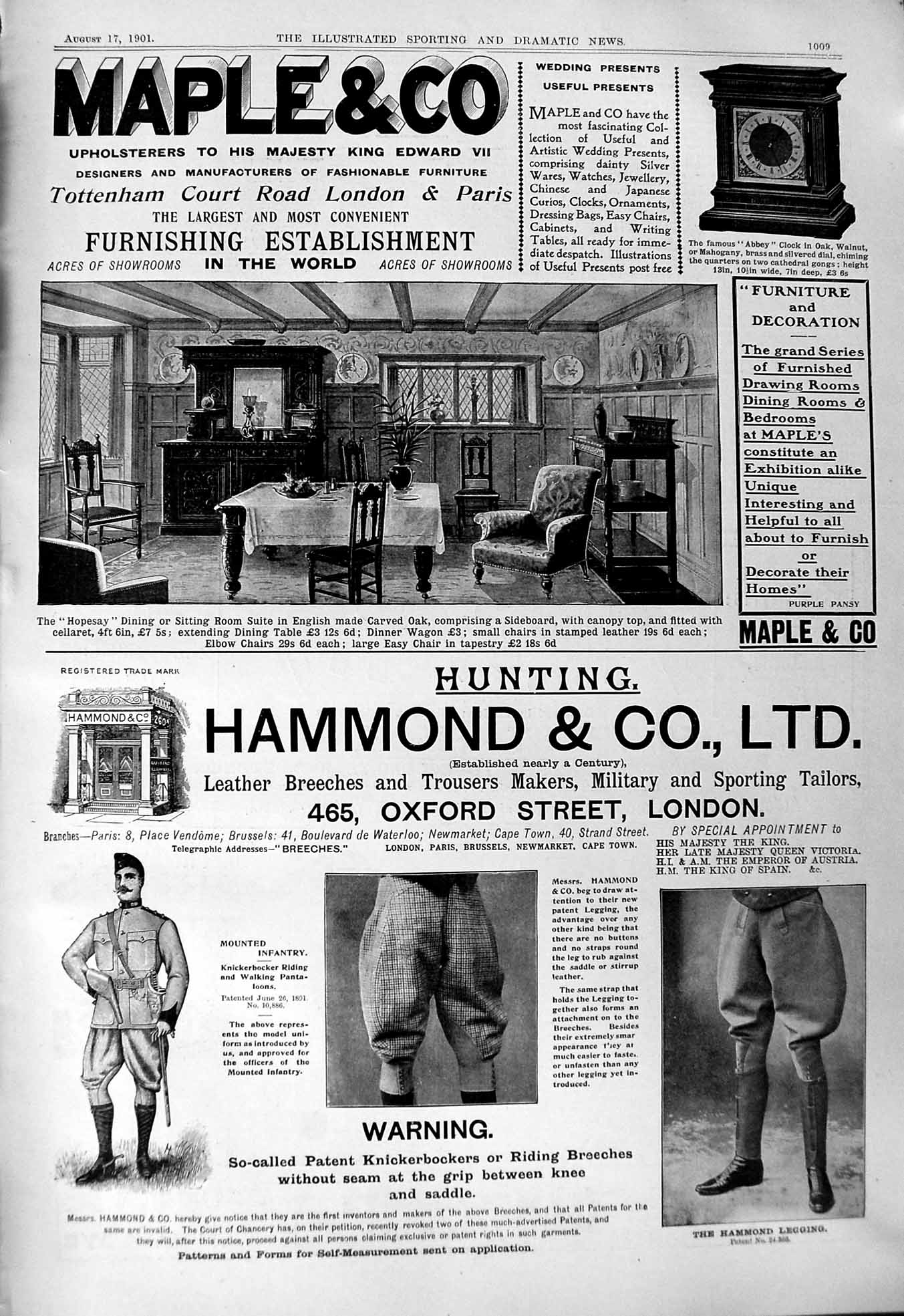 Old 1901 Maple Furnishing Hammond Hunting Ardath Tobacco Mappin WebbVictorian