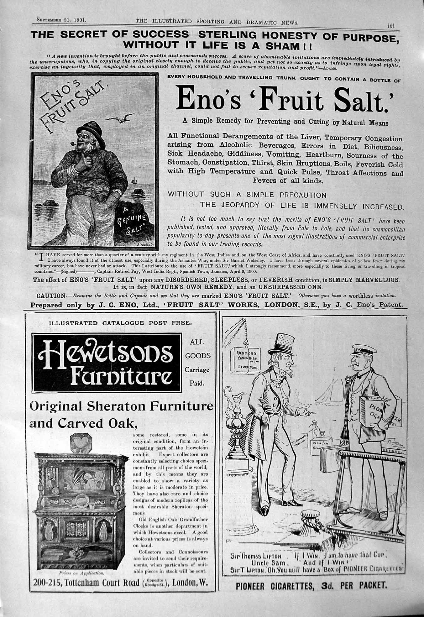 Antique Print 1901 Eno'S Fruit Salt Pioneer Cigarettes Hewetsons Furniture 20th