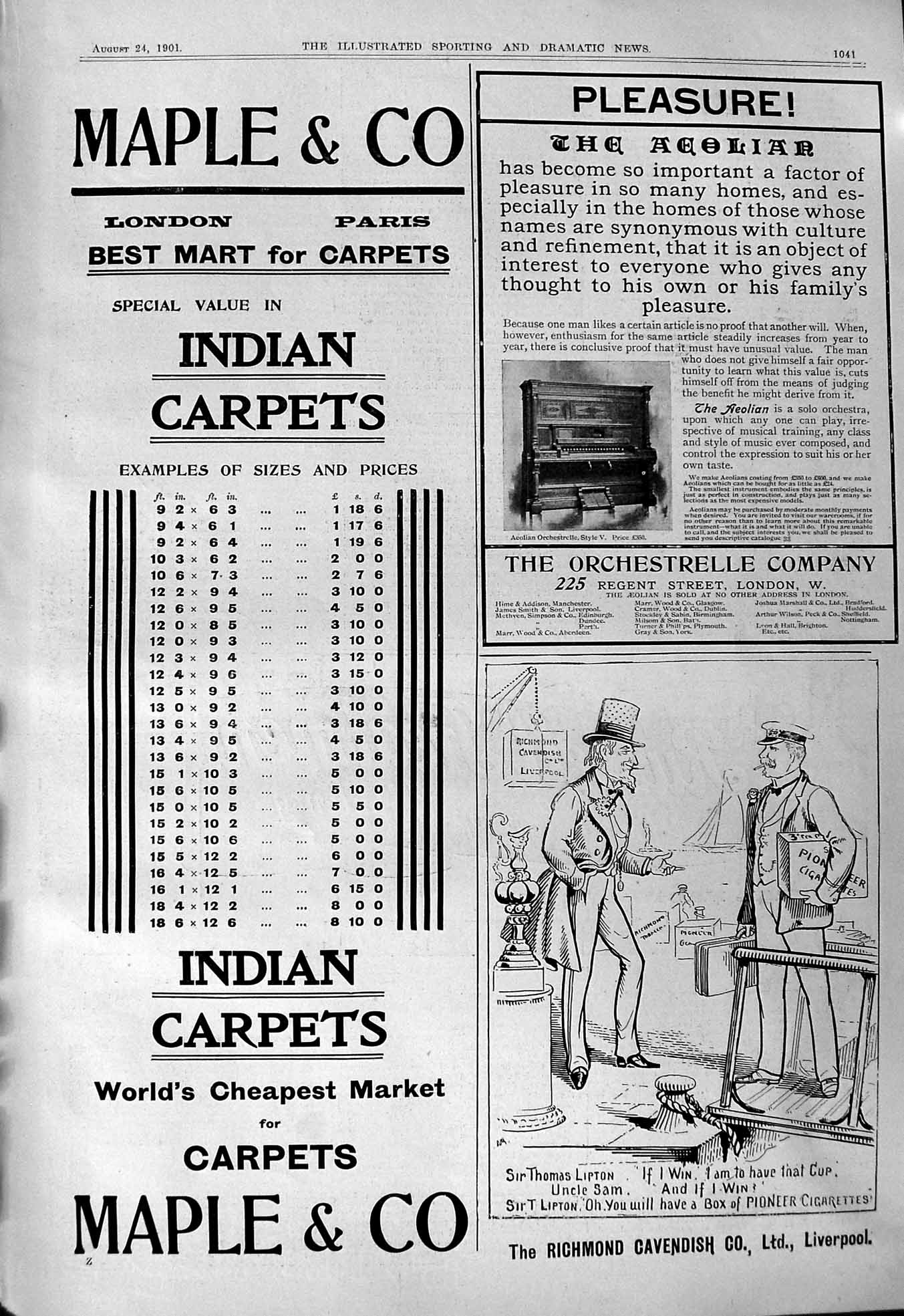 Old 1901 Maple Indian Carpets Aeolian Orchestrelle Cavendish Liverpoo 20th