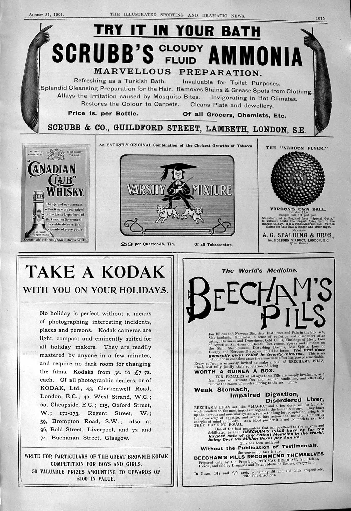 Antique Old Print 1901 Scrubb'S Ammonia Beechams Pills Kodak Canadian Whisky