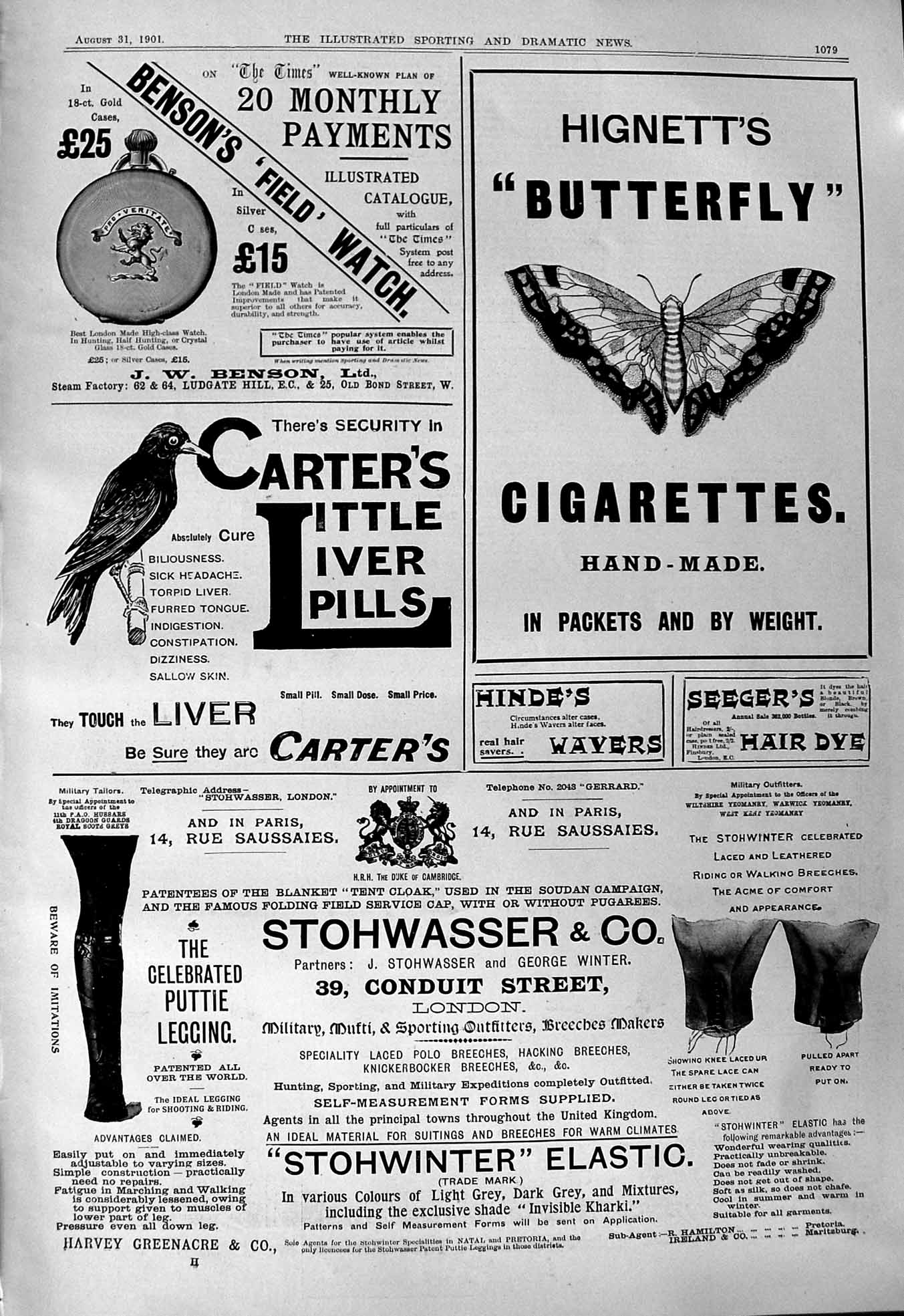 Old 1901 Advertisement Bensons Watch Hignett Cigarettes Stohwasser Og 20th