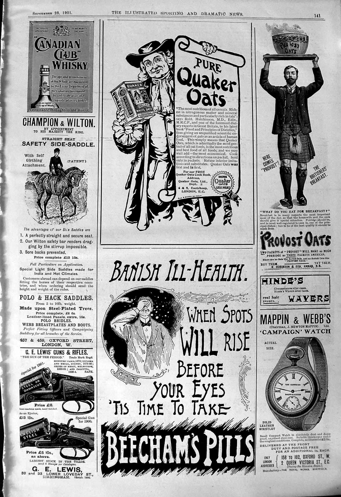 Old 1901 Quaker Oats Beechams Pills Canadian Whisky Mappin Webb Watch Victorian