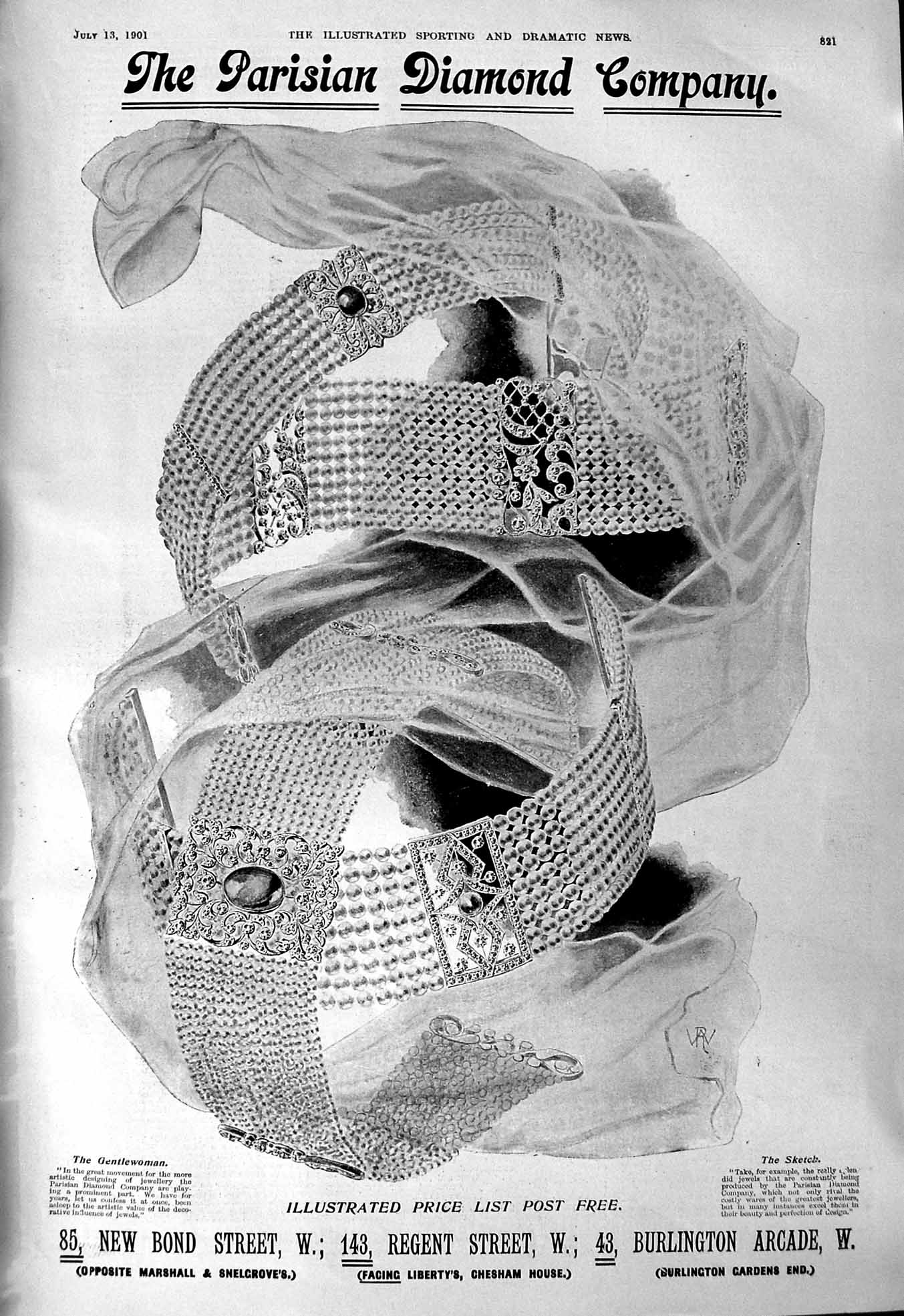 Old Print 1901 Parisian Diamond Company Jewellery Burlington Bond London 20th