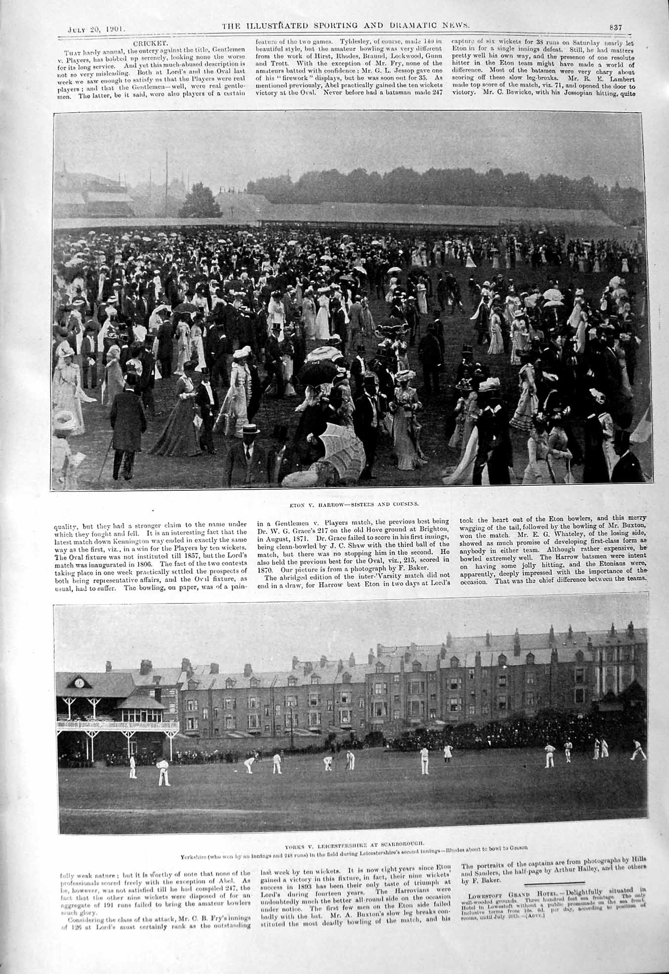 Old 1901 Eton Harrow Cricket Yorks Leicestershire Scarborough Rhodes Victorian