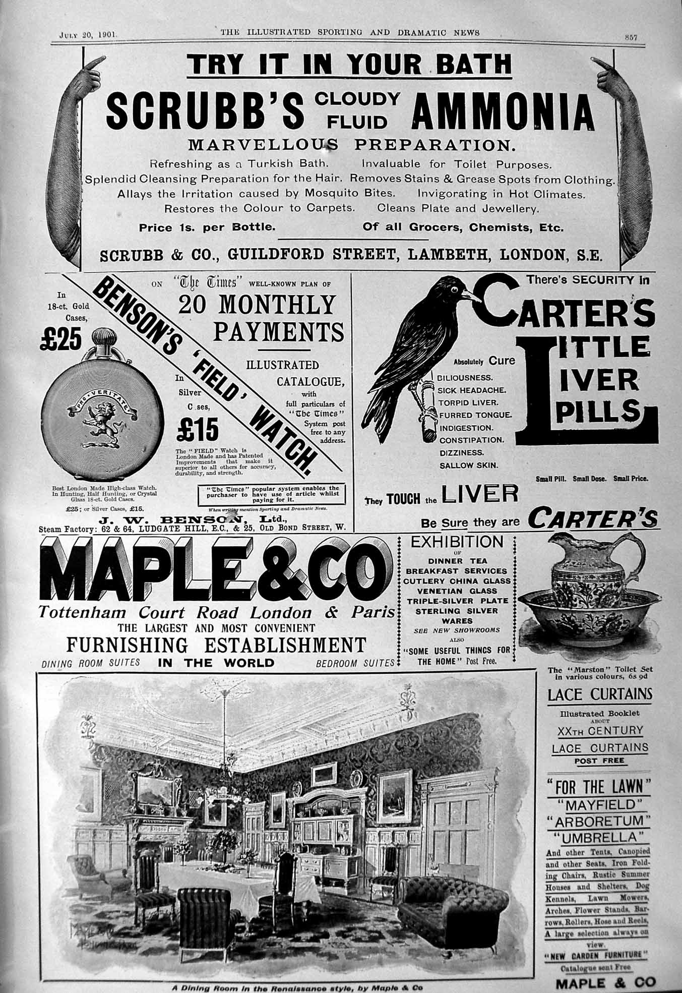 Old Print 1901 Scrubb'S Ammonia Carters Liver Pills Maple Willcocks Sword 20th