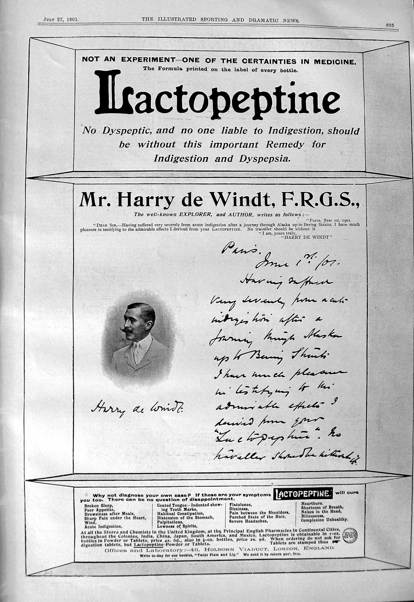 Antique Print 1901 Lactopeptine Dyspeptic Harry Windt Pearl Necklace Mappin