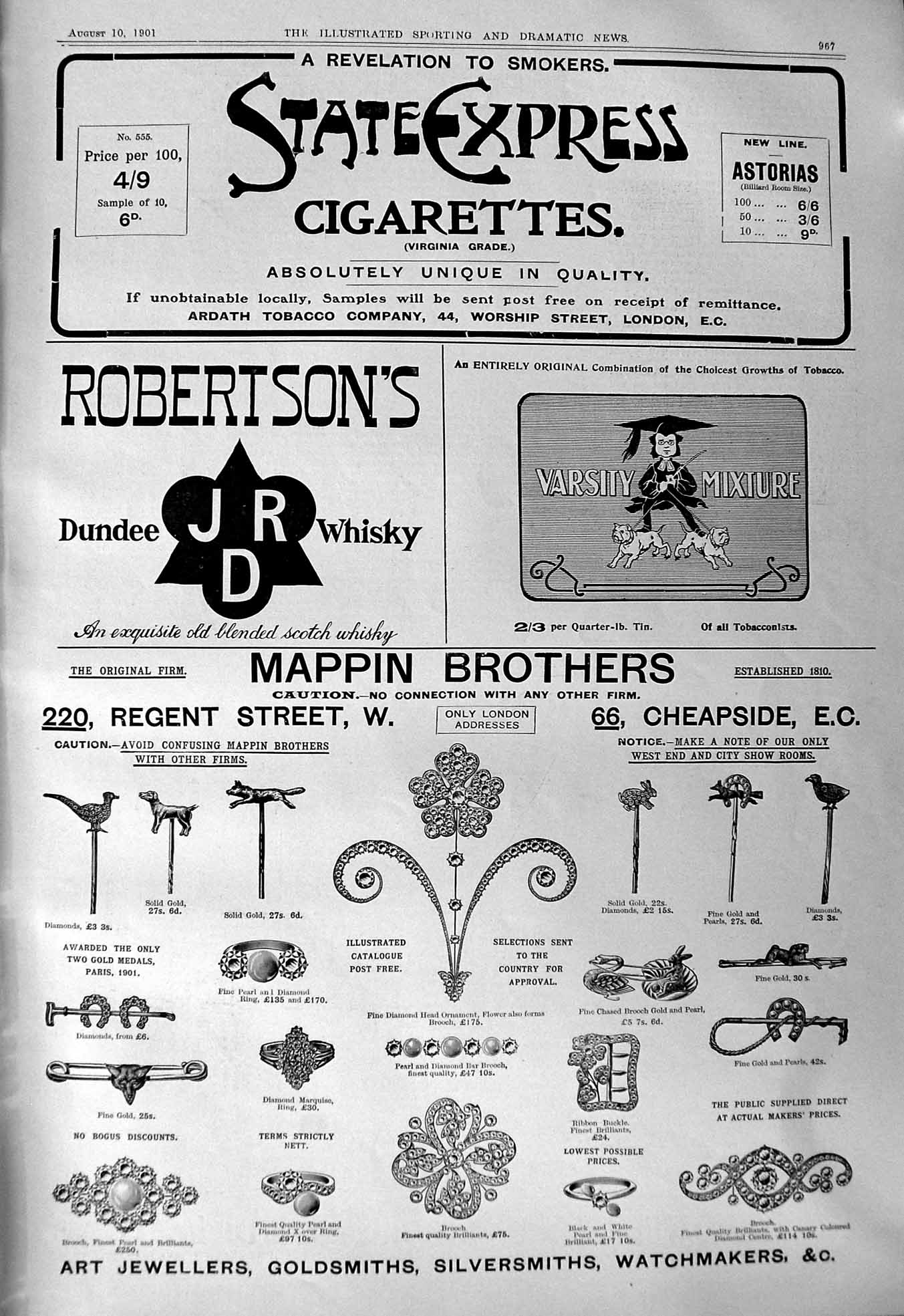 Antique Old Print 1901 State Express Cigarettes Whisky Mappin Webb Suit Cases