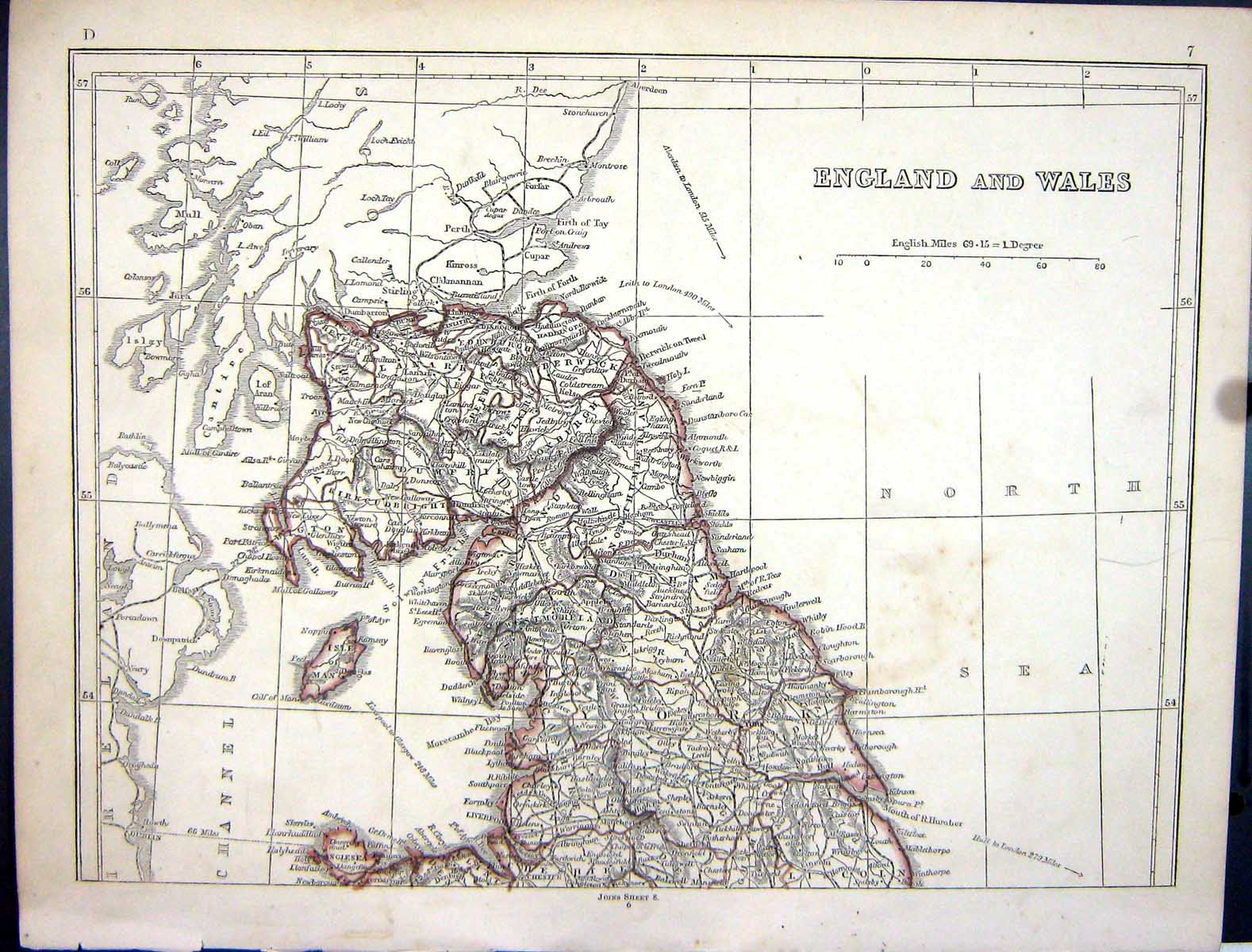 Original Old Antique Print Lowry Map 1853 England Wales Isle Man 19th