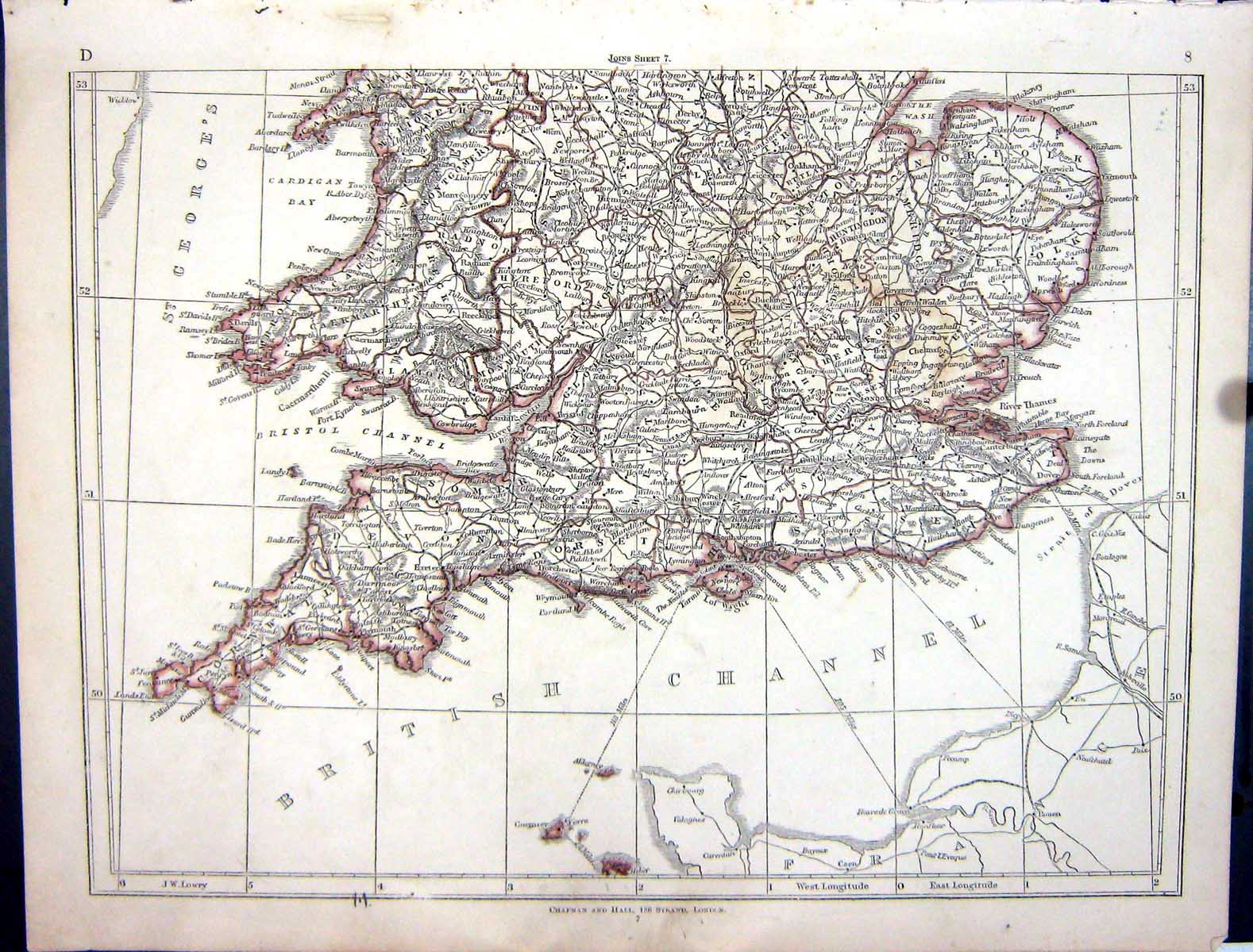 Old Antique Print Lowry Map 1853 Southern England Wales British Channel 19th