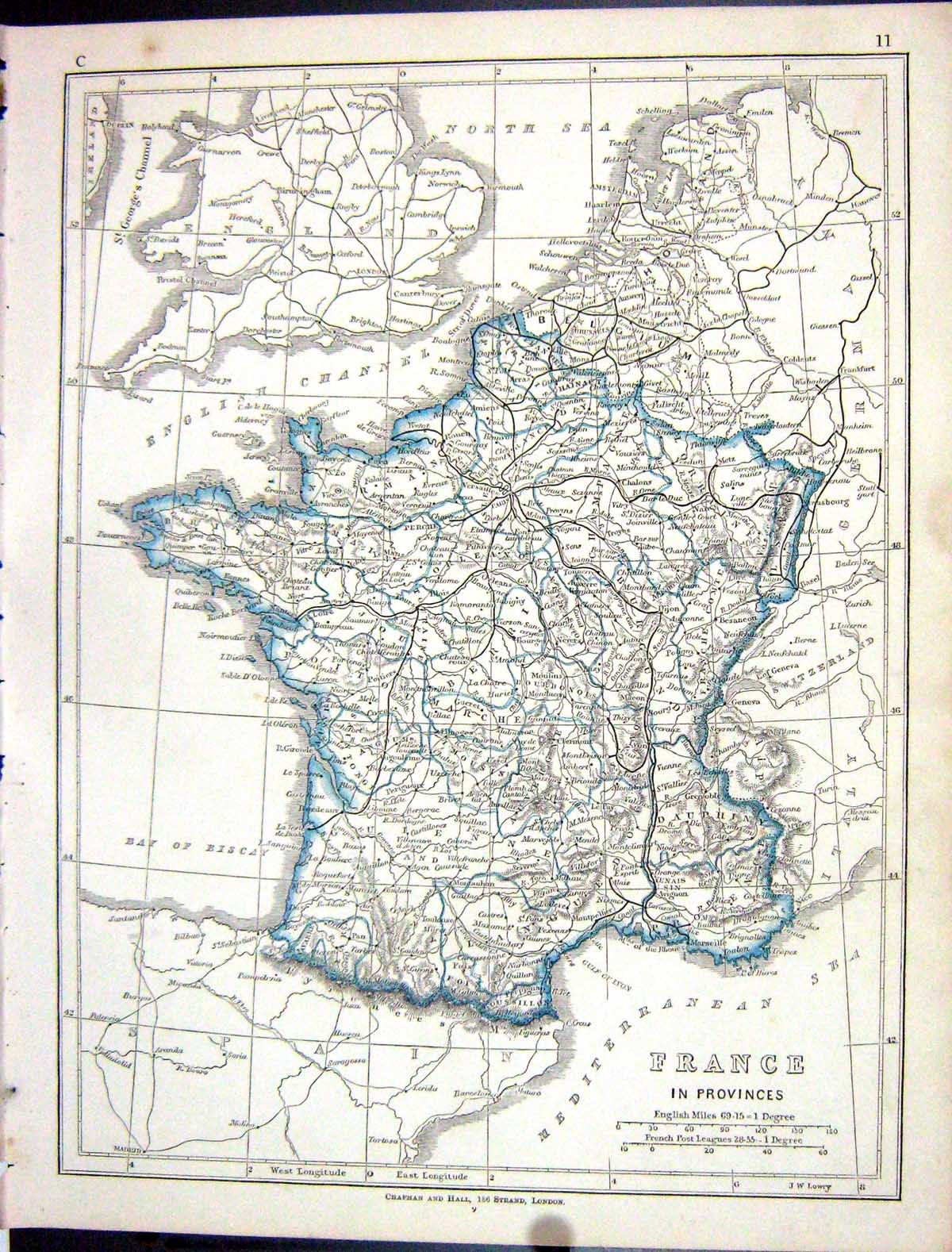 Antique Old Print Lowry Map 1853 Provinces France Bay Biscay Mediterranean 19th