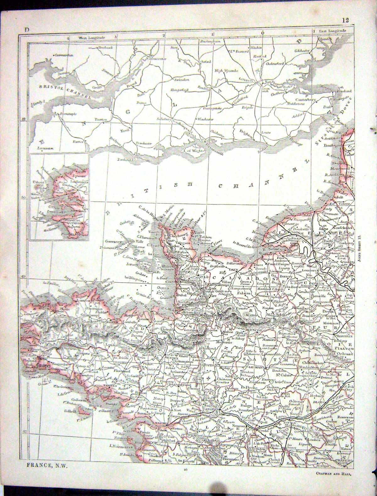 Original Old Antique Print Lowry Map 1853 North West France British Channel