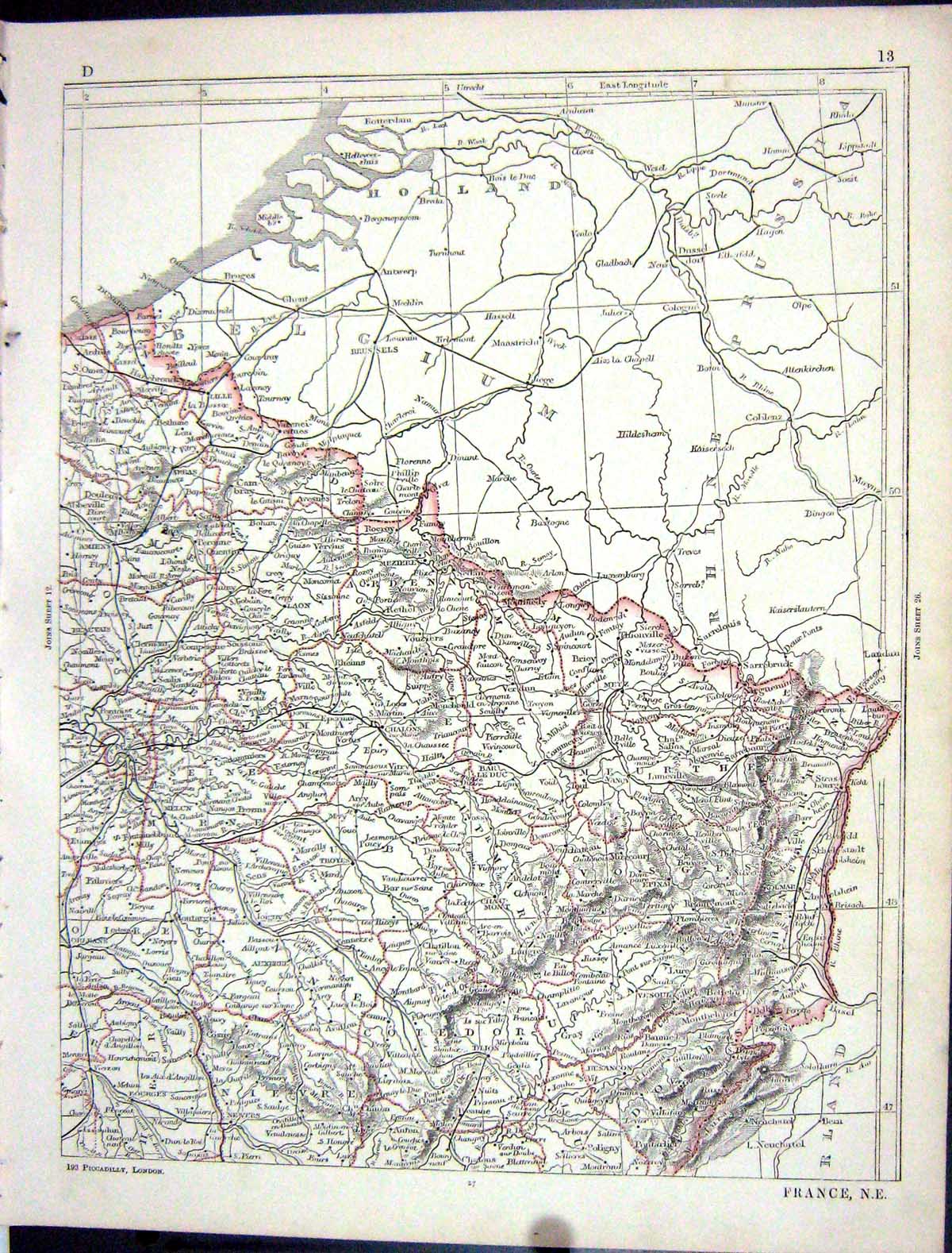 Original Old Antique Print Lowry Map 1853 North East France Dilon Epinal 19th