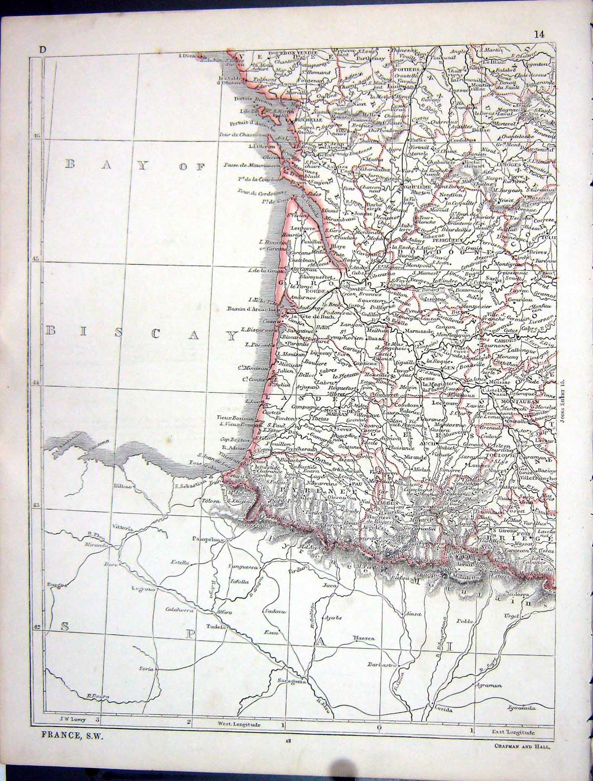 Original Old Antique Print Lowry Map 1853 South West France Bay Biscay Pyrenees
