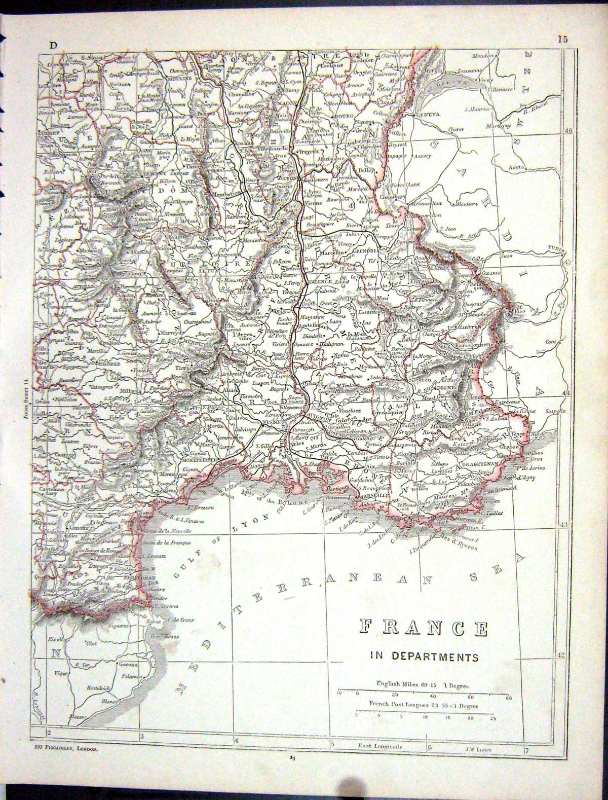Antique Old Print Lowry Map 1853 Departments France Gulf Lyon Mediterranean