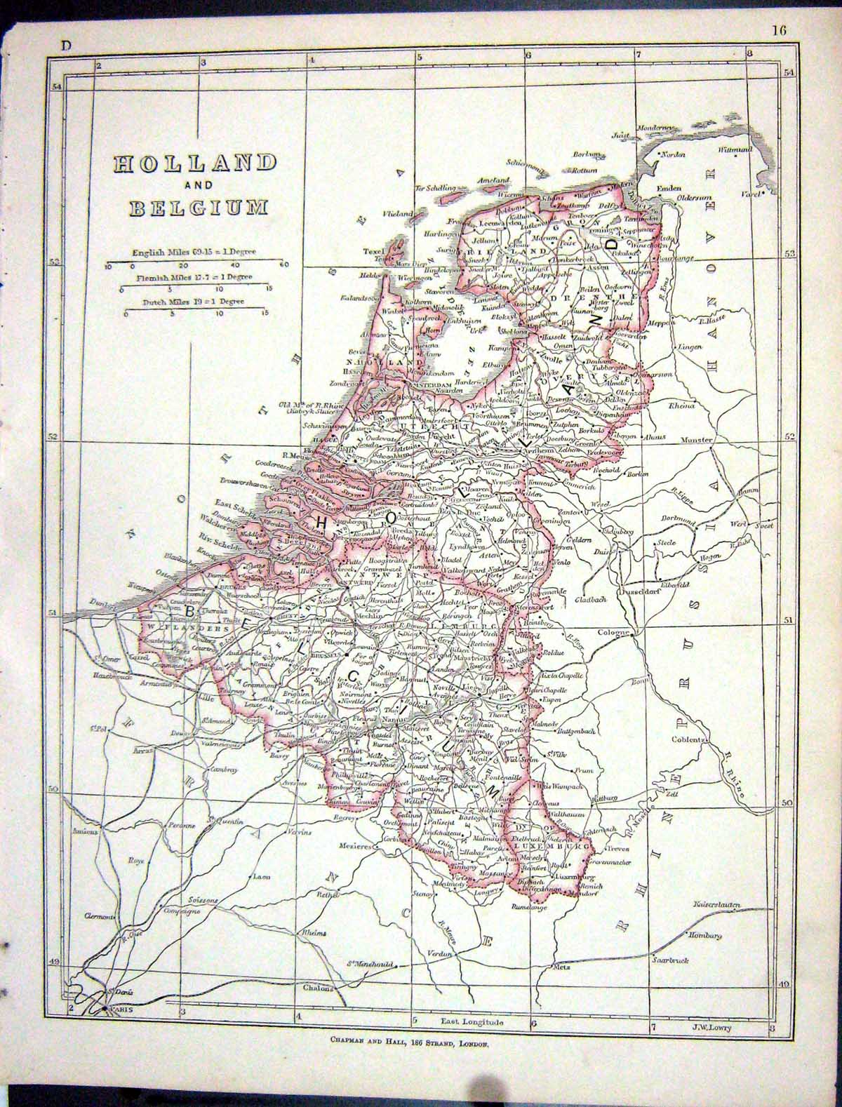Original Old Antique Print Lowry Map 1853 Holland Belgium North Sea Brussels