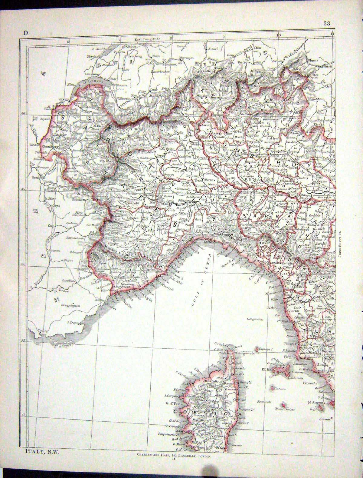 Original Old Antique Print Lowry Map 1853 North West Italt Corsica Elba Modena