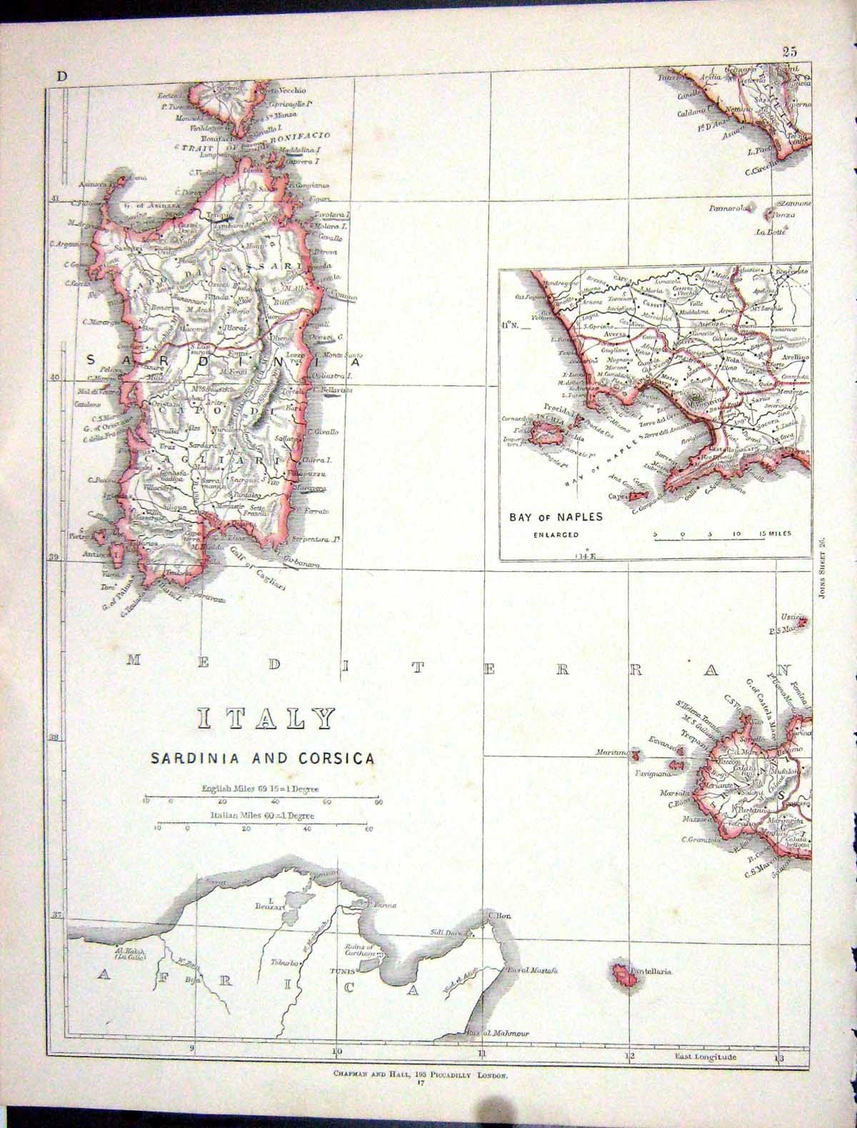 Old Print Lowry Map 1853 Italy Sardinia Corsica Bay Naples Mediterranean 19th