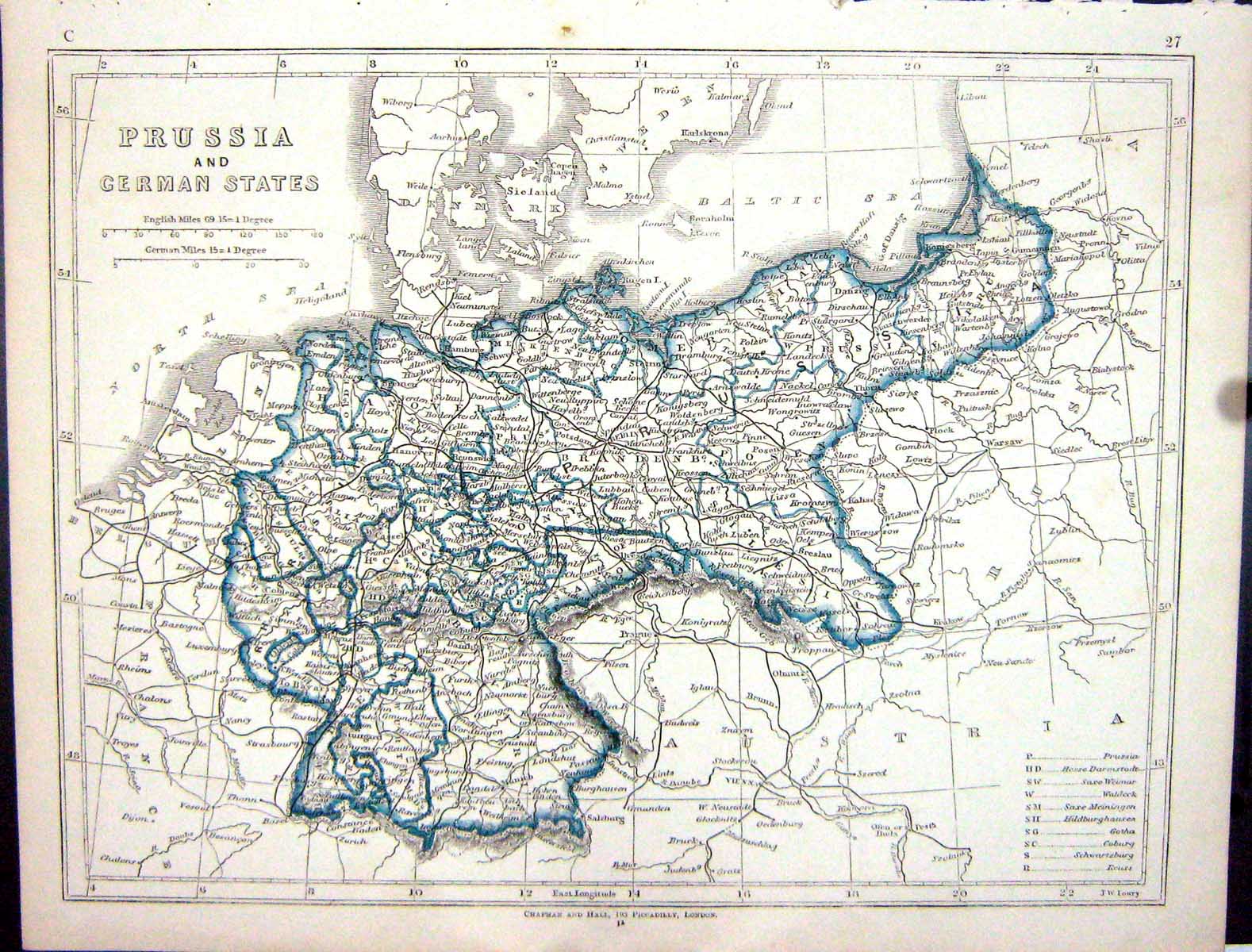 Original Old Antique Print Lowry Map 1853 Prussia German States Berlin Germany