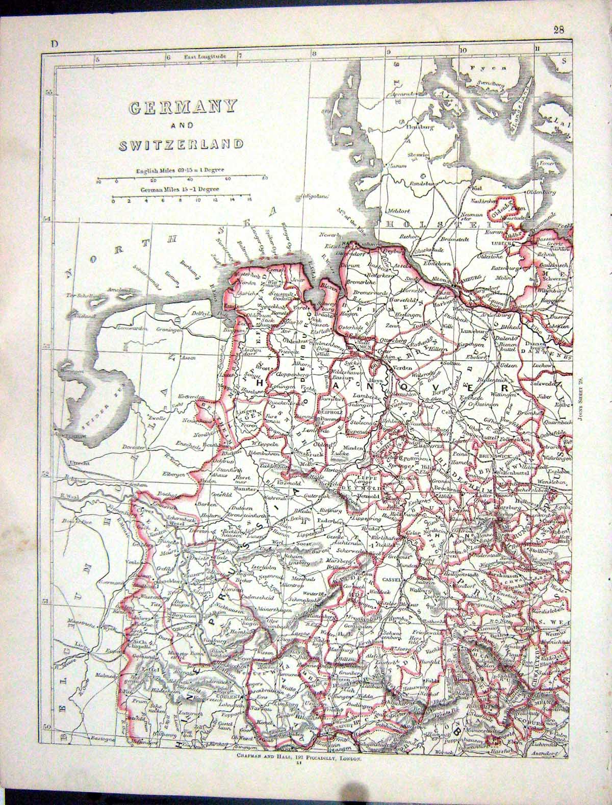 Original Old Antique Print Lowry Map 1853 Germany Switzerland Prussia Hanover