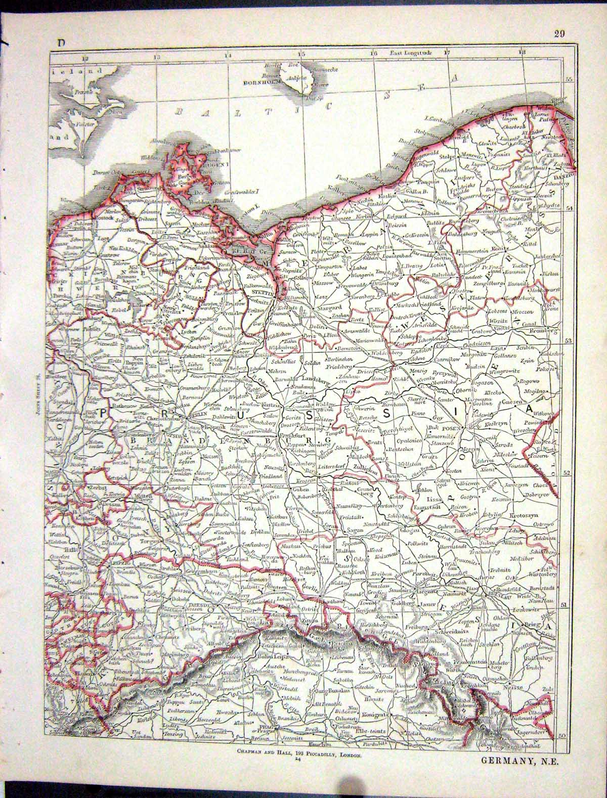 Antique Old Print Lowry Map 1853 North East Germany Berlin Prussia Dresden 19th