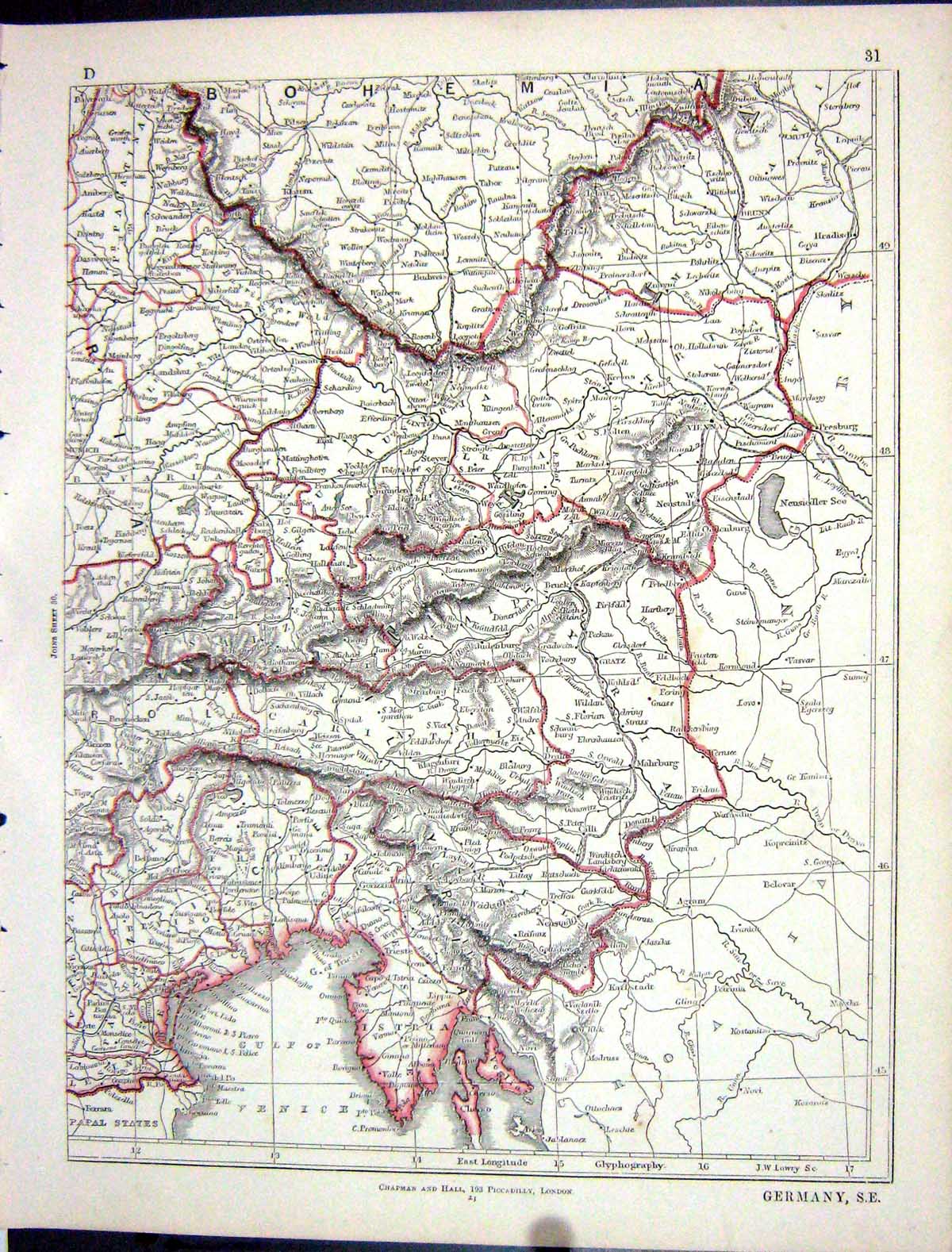 Original Old Antique Print Lowry Map 1853 South East Germany Austria Bohemia