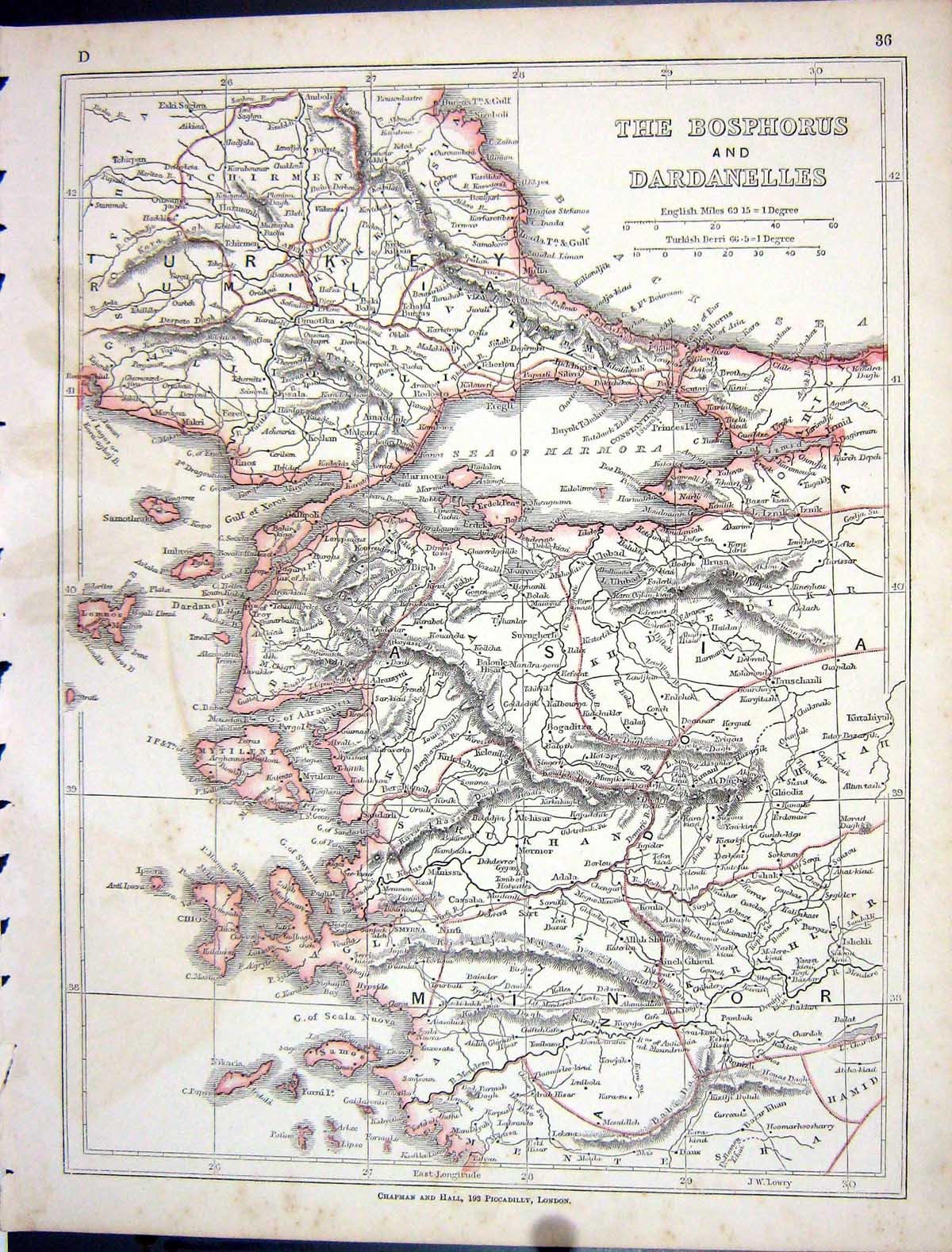 Old Antique Print Lowry Map 1853 Bosphorus Dardanelles Asia Minor Turkey 19th