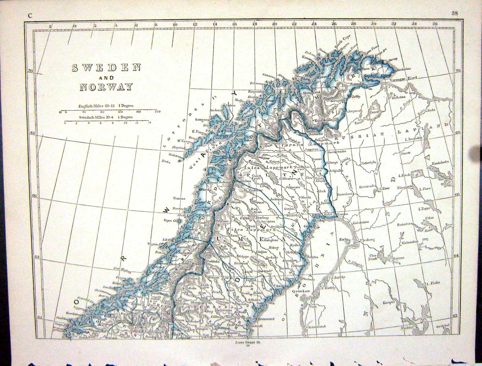 Original Old Antique Print Lowry Map 1853 Norway Sweden Bothnia Loffoden 19th