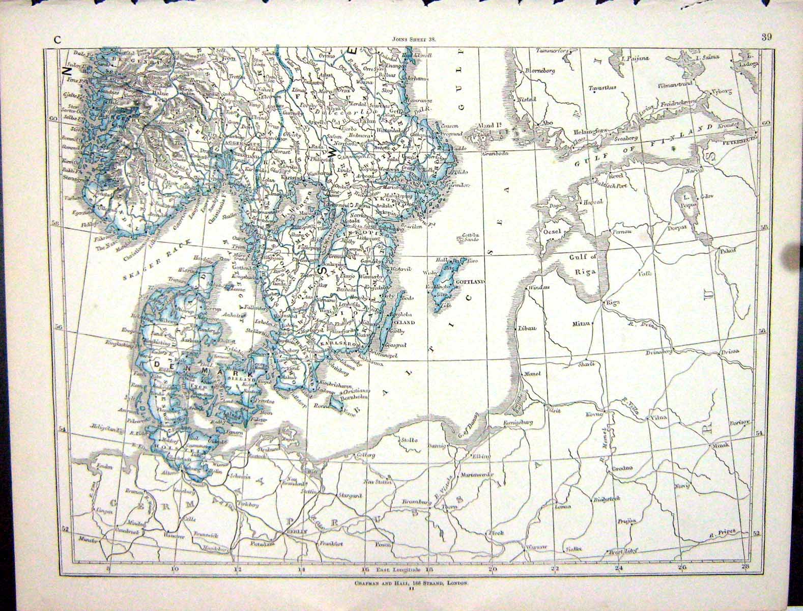 Original Old Antique Print Lowry Map 1853 Denmark Sweden Gottland Skager Rack