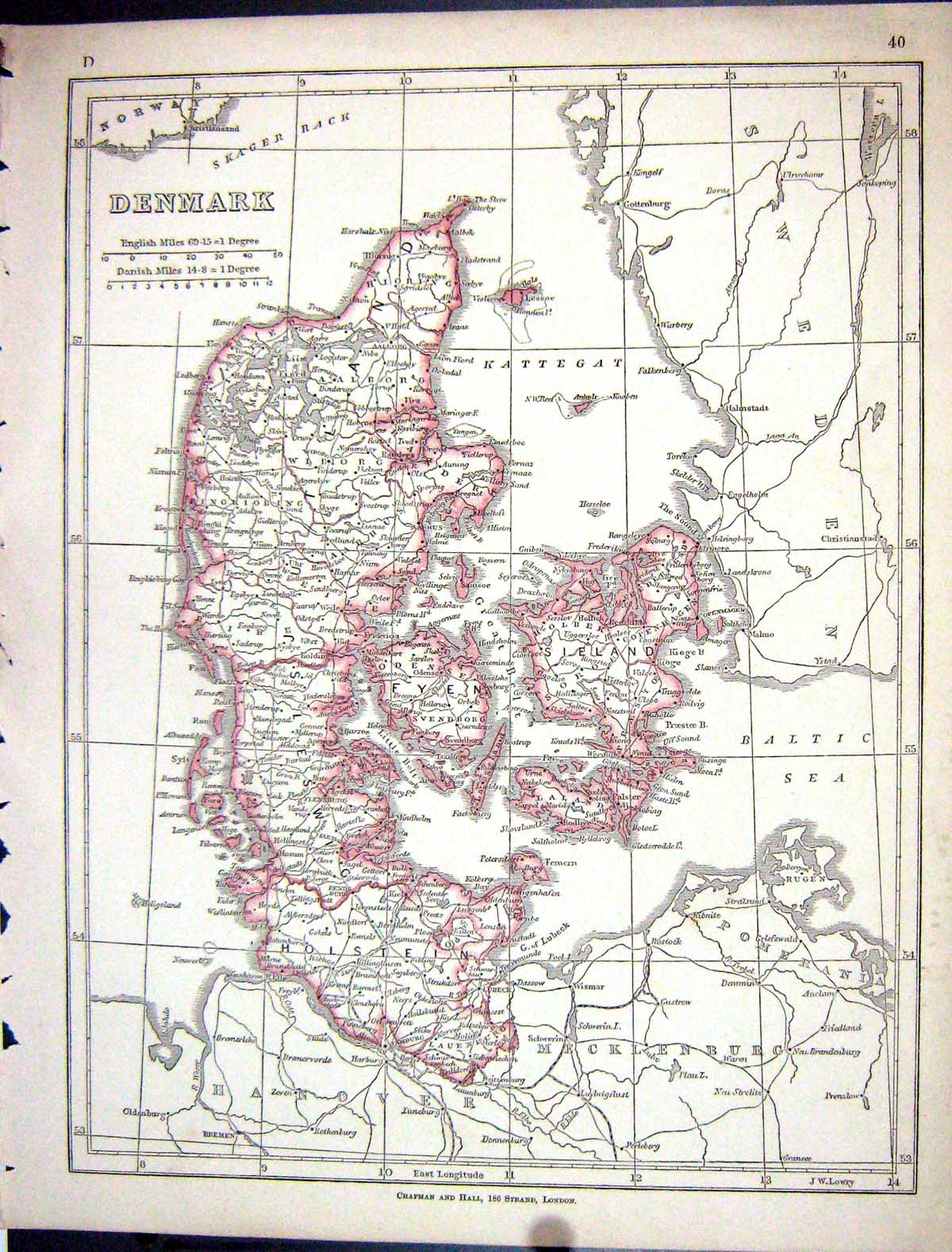 Antique Old Print Lowry Map 1853 Denmark Fyen Sleland Kattegat Skager Rack 19th