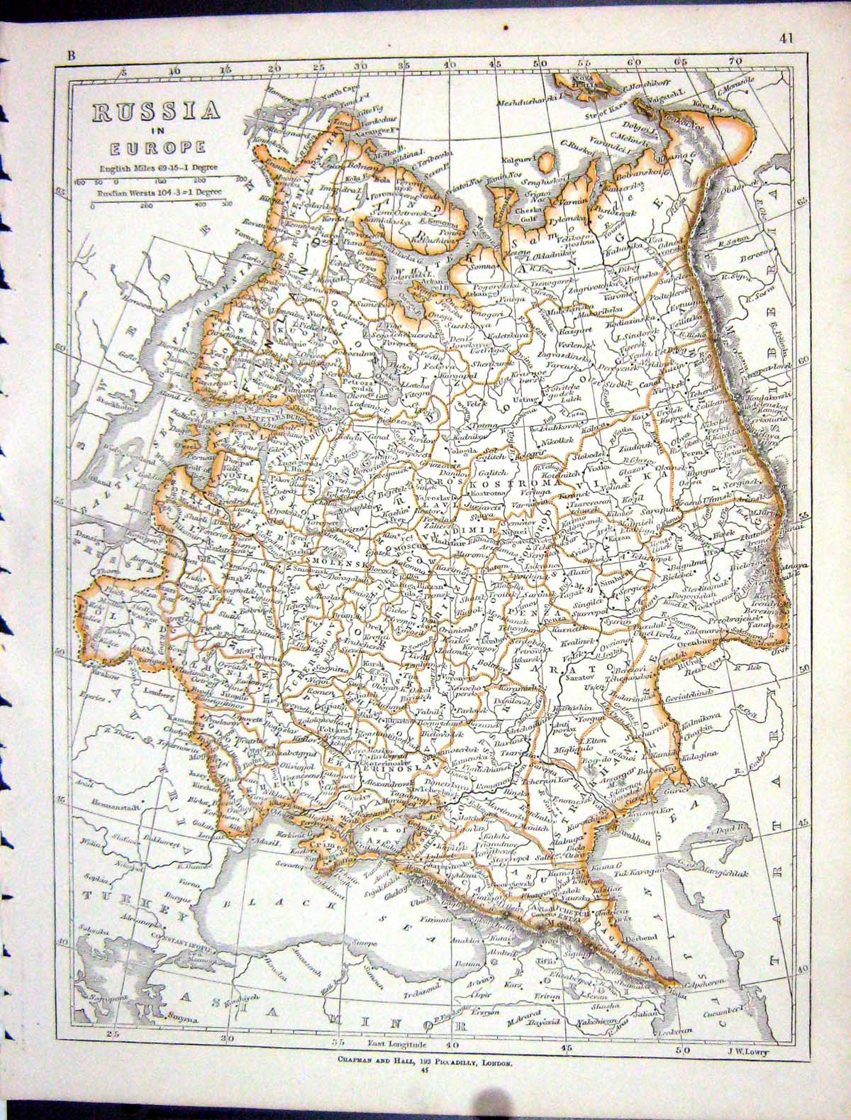 Original Old Antique Print Lowry Map 1853 Russia Europe Finland Black Sea 19th