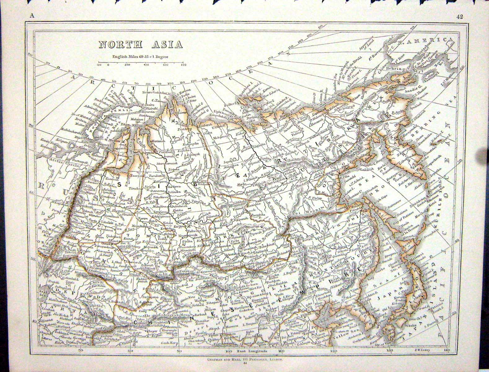 Original Old Antique Print Lowry Map 1853 North Asia Siberia Chinese Empire