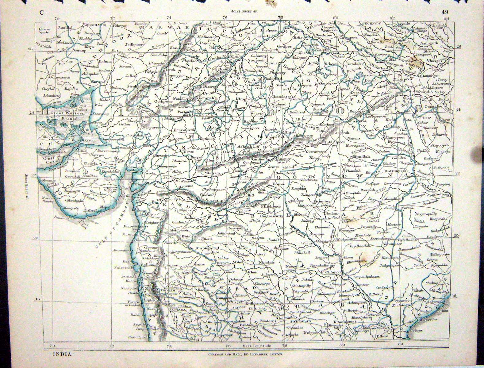 Original Old Antique Print Lowry Map 1853 India Hyderabad Jodhpoor Benares 19th