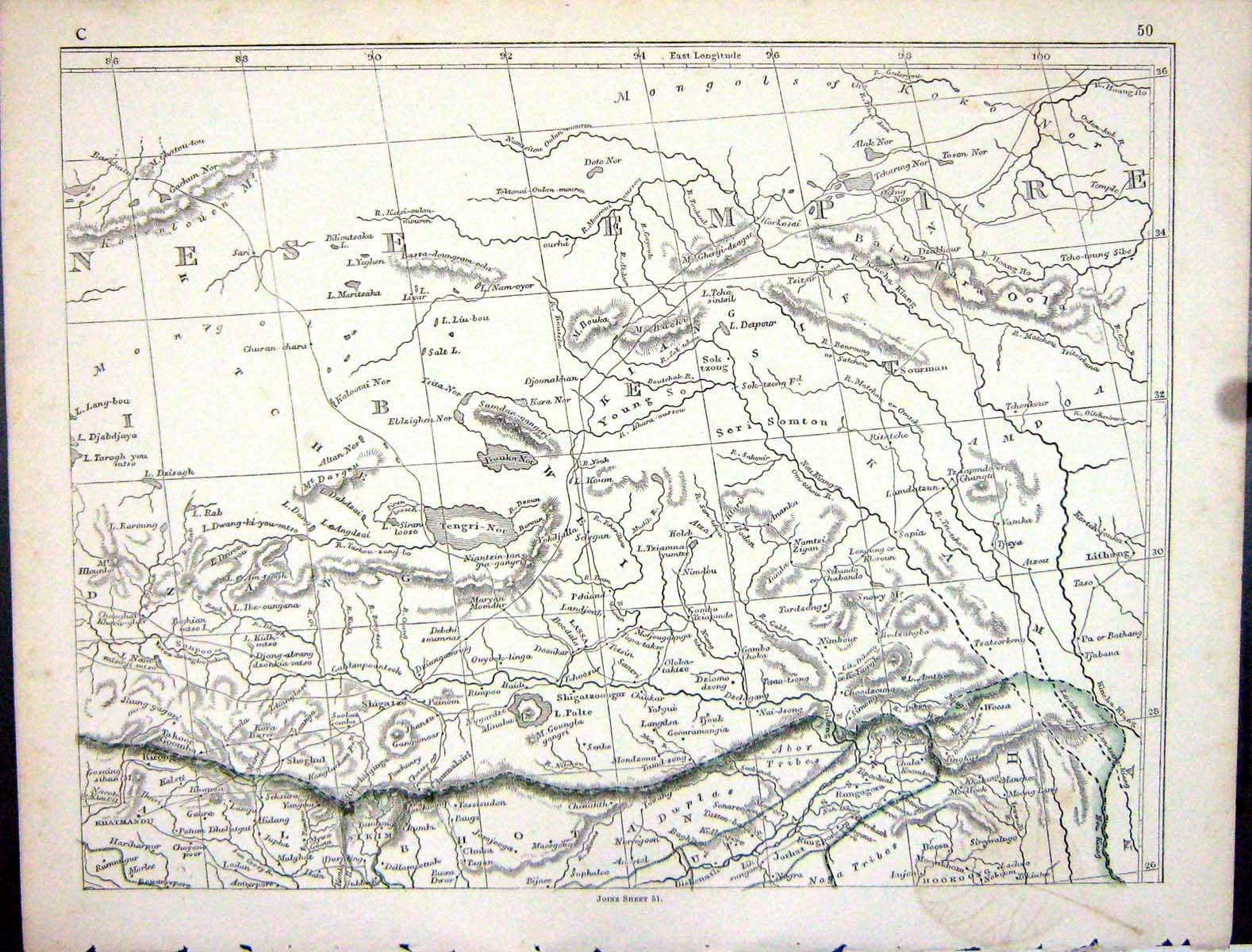 Original Old Antique Print Lowry Map 1853 Chinese Empire Khatmandu Victorian
