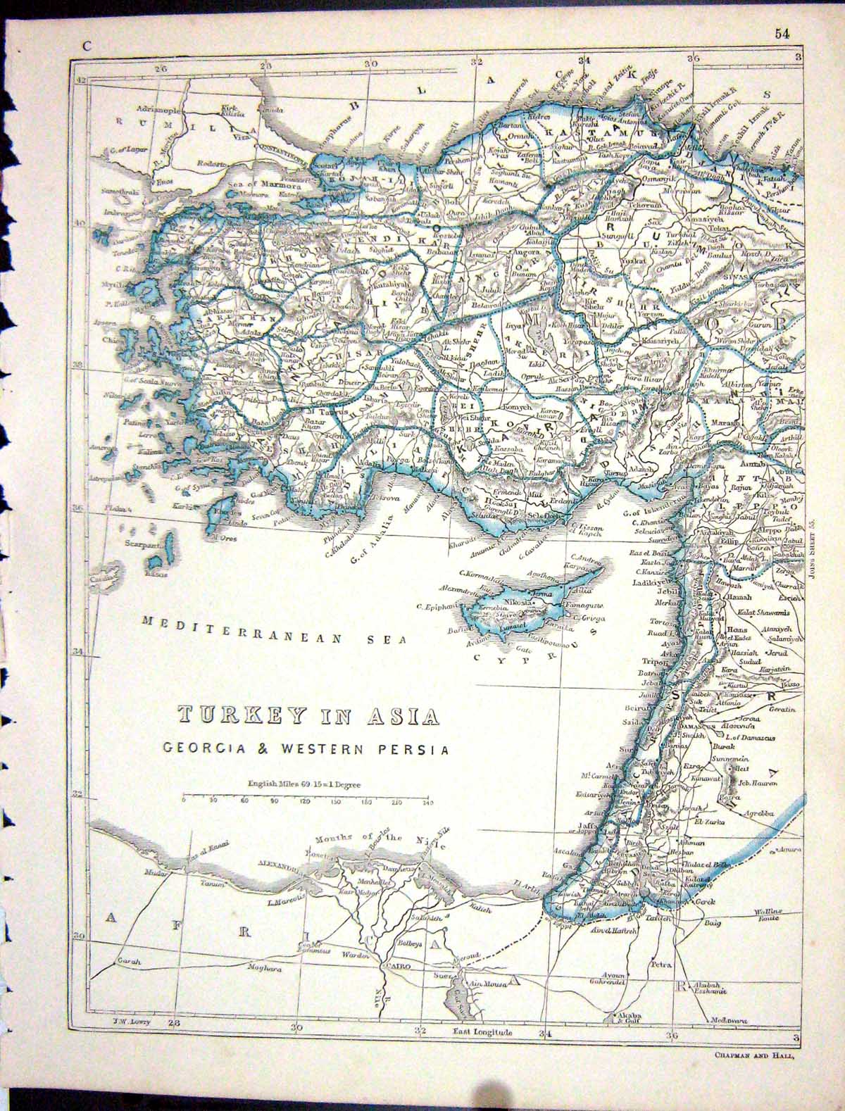 Original Old Antique Print Lowry Map 1853 Turkey Cyprus Mediterranean Sea 19th