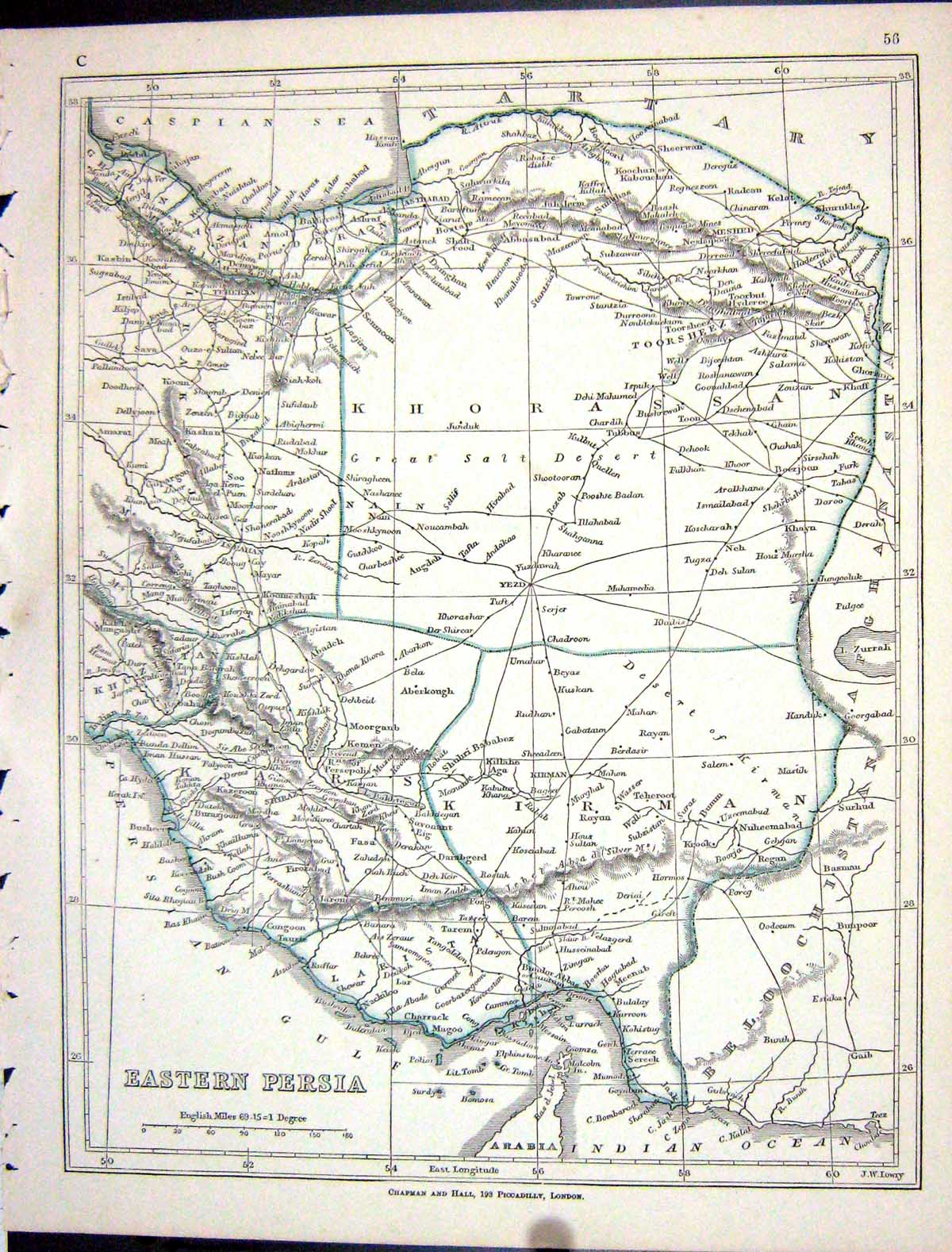 Original Old Antique Print Lowry Map 1853 Eastern Persia Khora Kirman Kazeroon