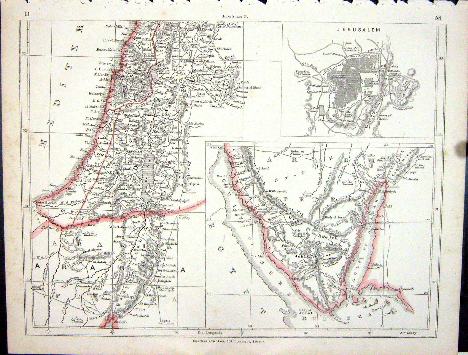 Old Antique Print Lowry Map 1853 Plan Jerusalem Arabia Dead Sea Gulf Suez 19th