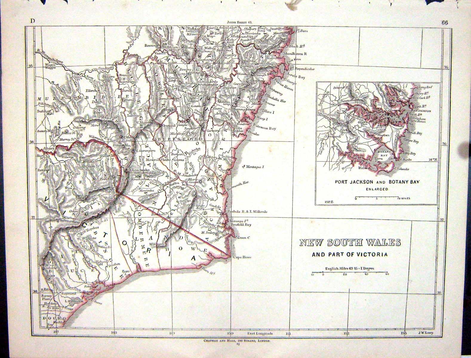 Antique Print Lowry Map 1853 New South Wales Australia Port Jackson Botany 19th