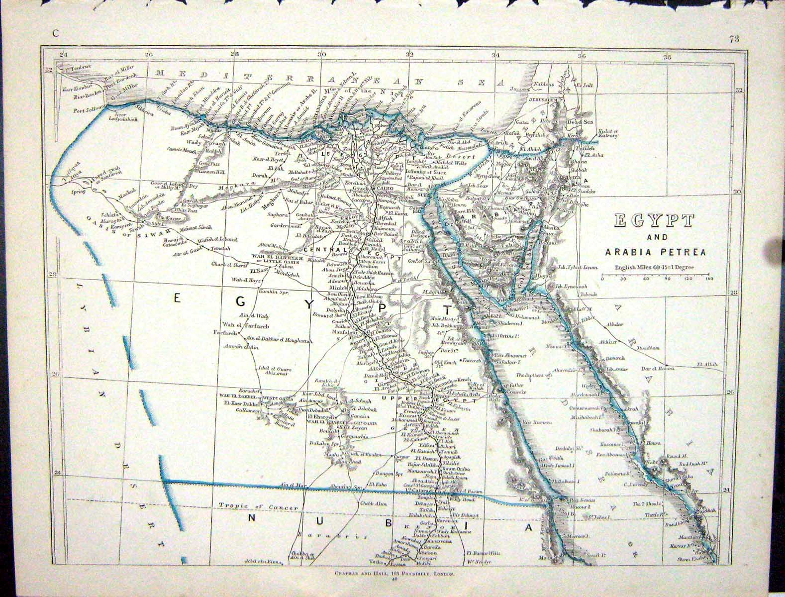 Antique Old Print Lowry Map 1853 Egypt Arbian Petrea Nubia Mediterranean Sea