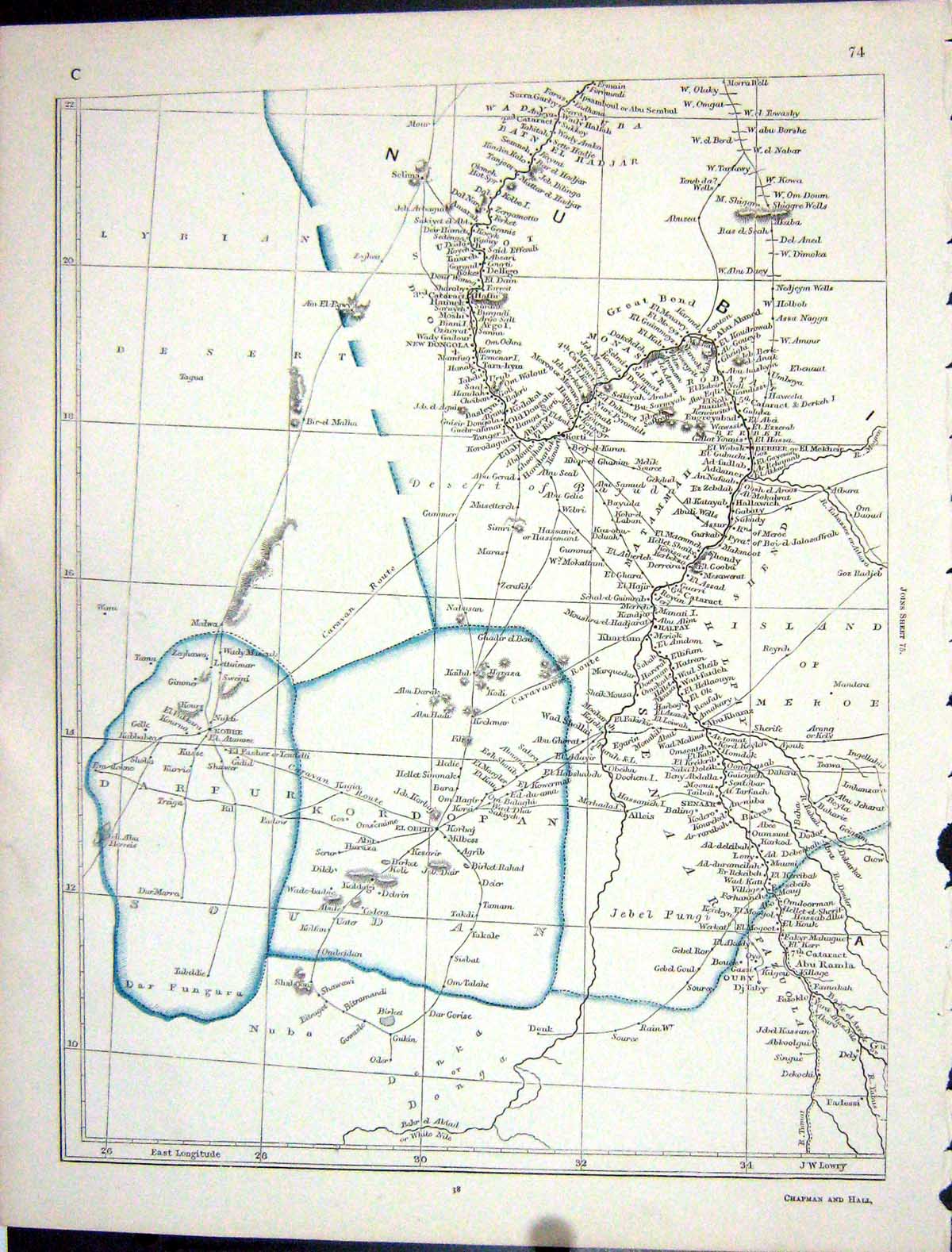 Original Old Antique Print Lowry Map 1853 Nubia Africa Lybian Desert Victorian