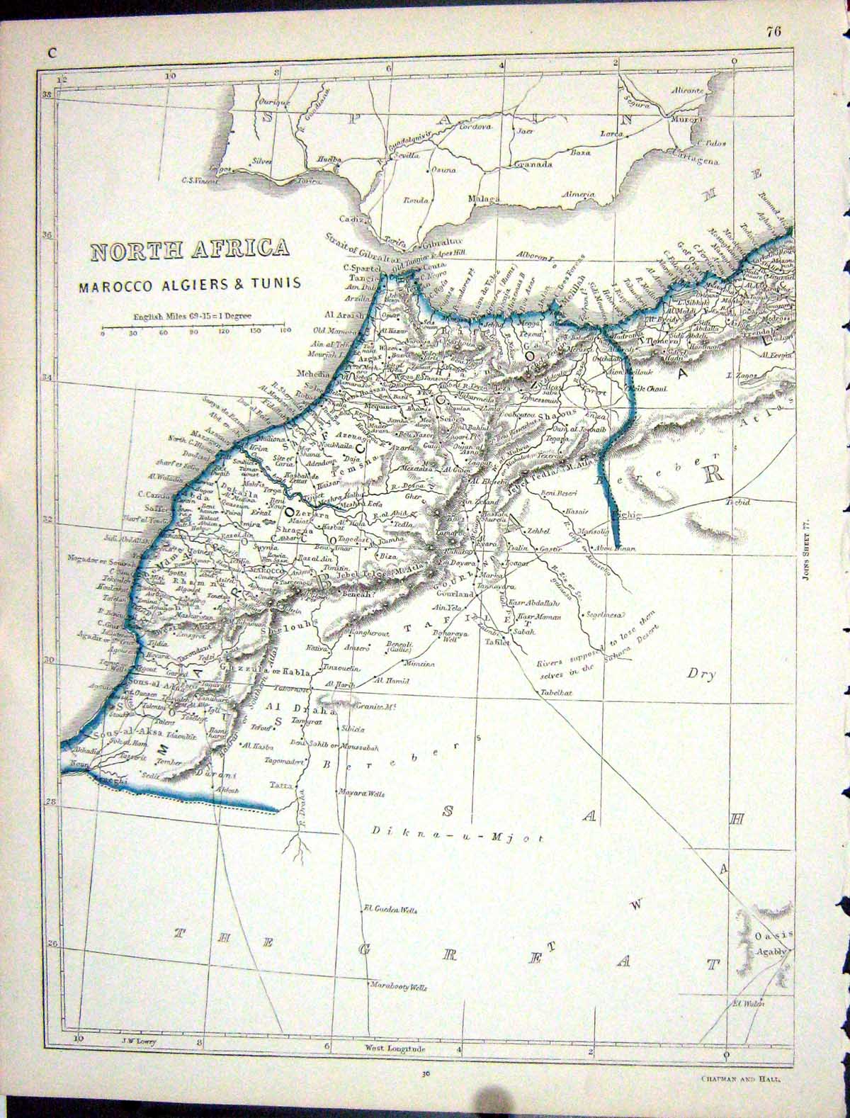Old Print Lowry Map 1853 North Africa Tunis Marocco Algiers Mediterranean 19th
