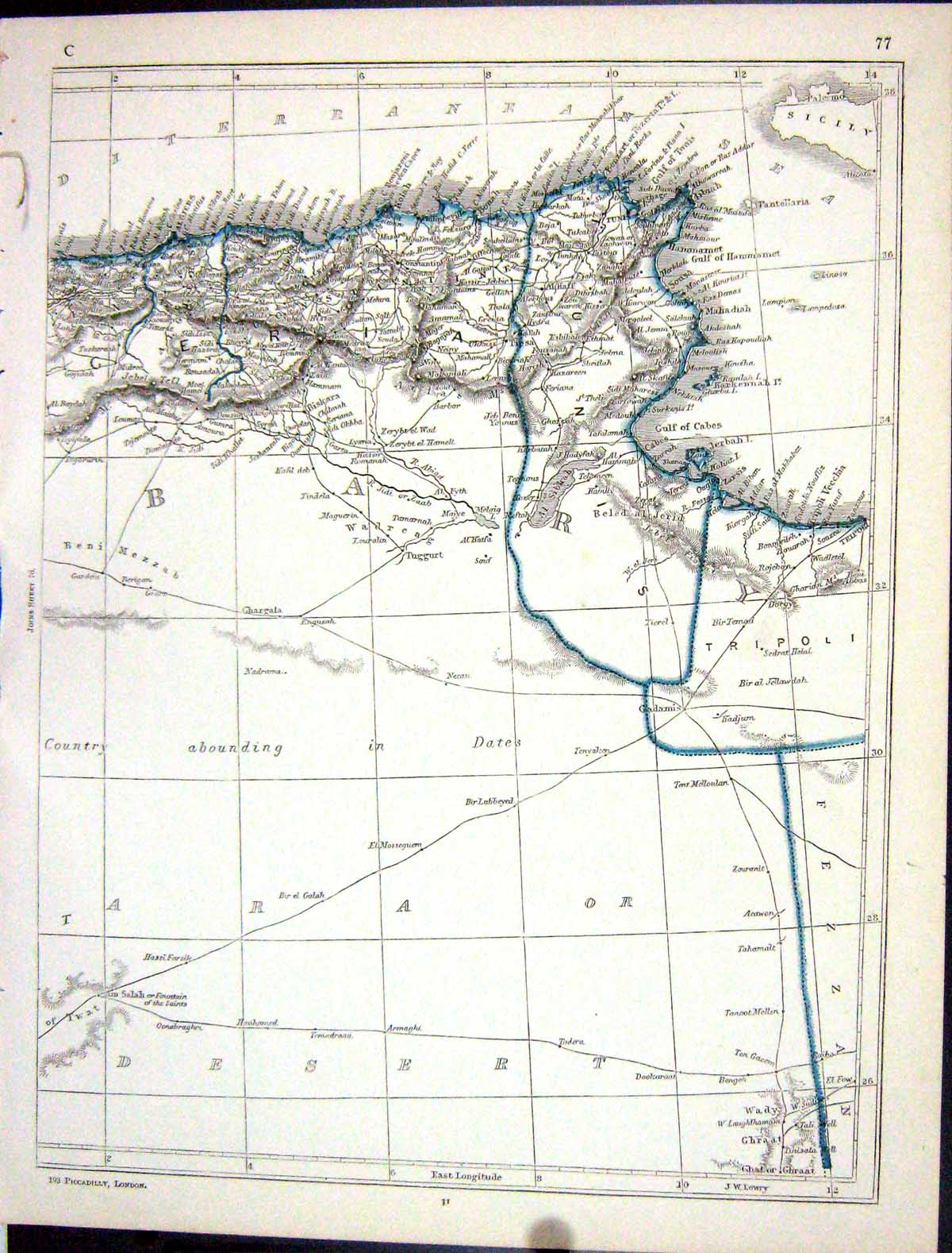 Antique Old Print Lowry Map 1853 Mediterranean Sea North Africa Tunis Tripoli